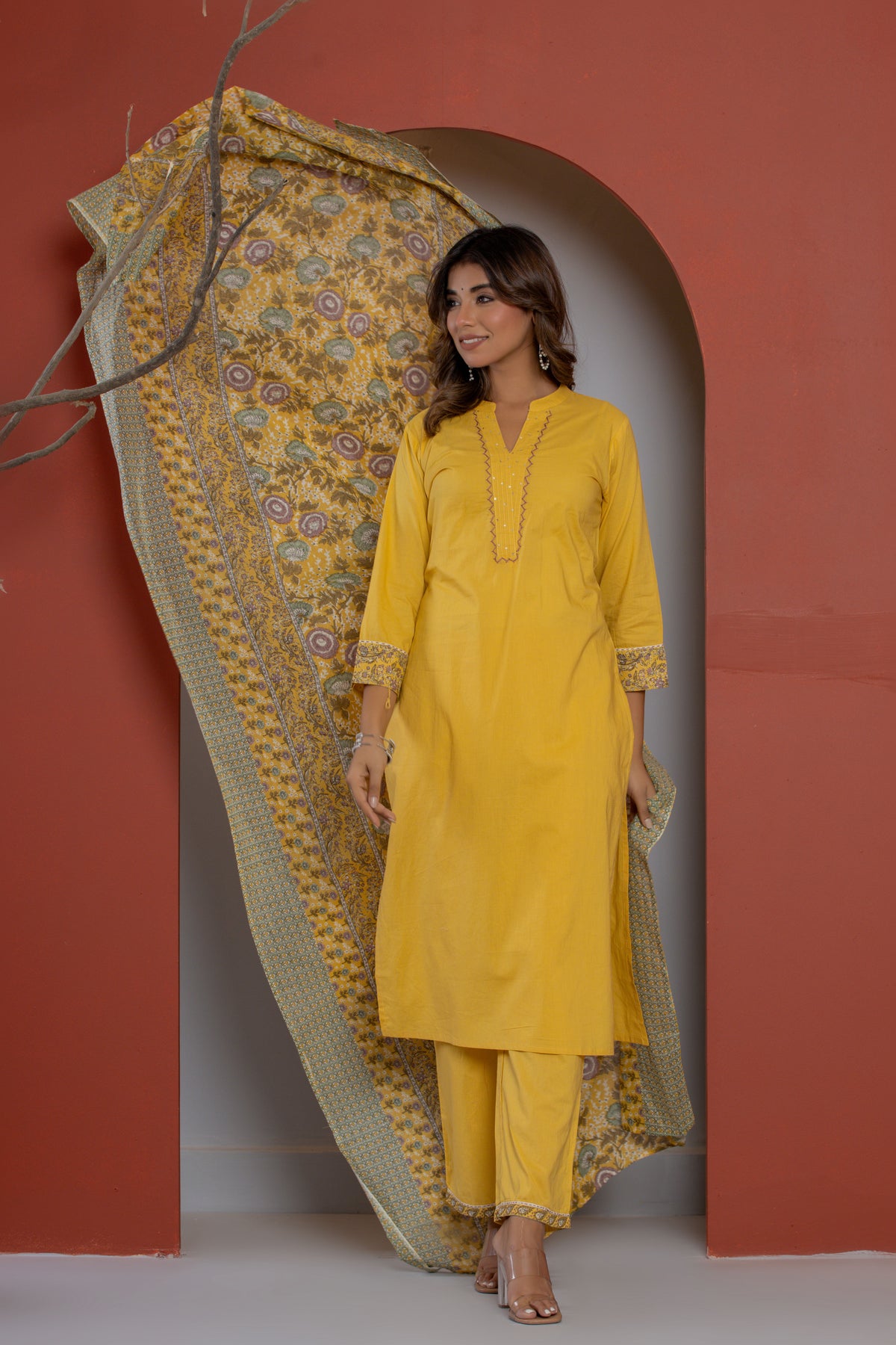 Solid mustard cotton kurta with block printed dupatta