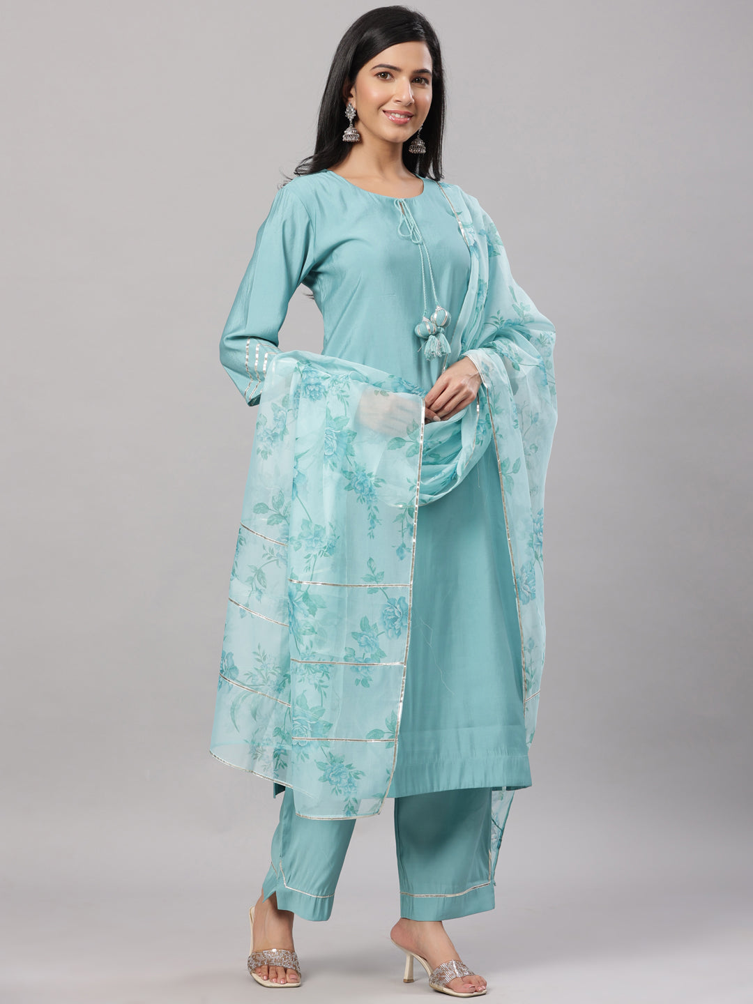 Blue Muslin Gota Work Kurta Set with Organza Dupatta