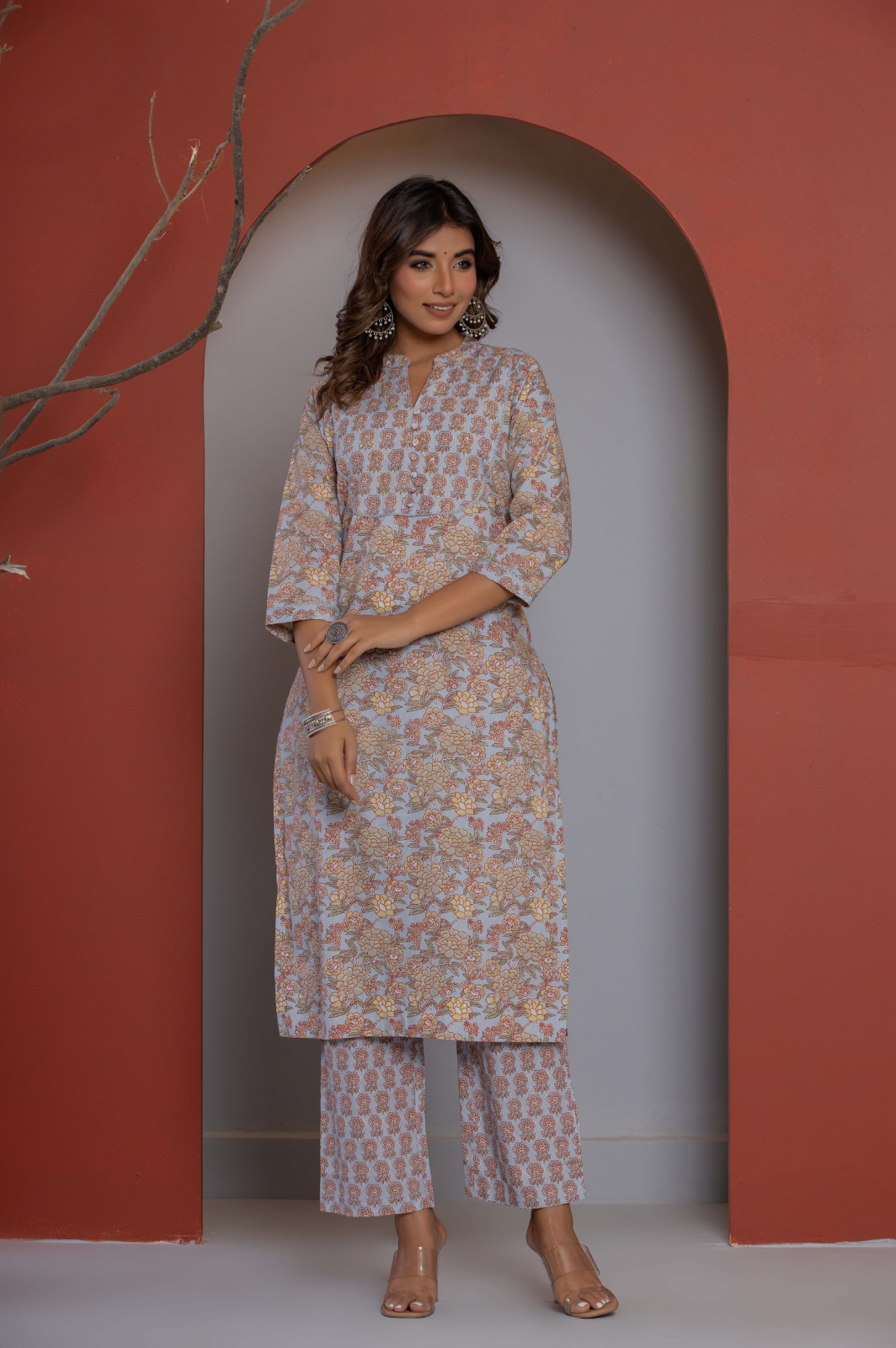 Floral yoke design cotton blue kurta set