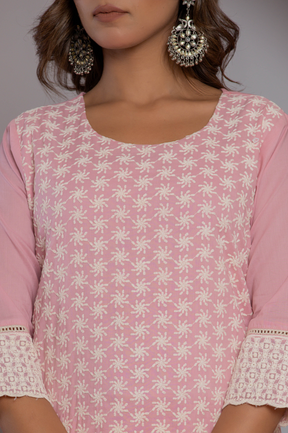 Self Embroidered pink cotton kurta set