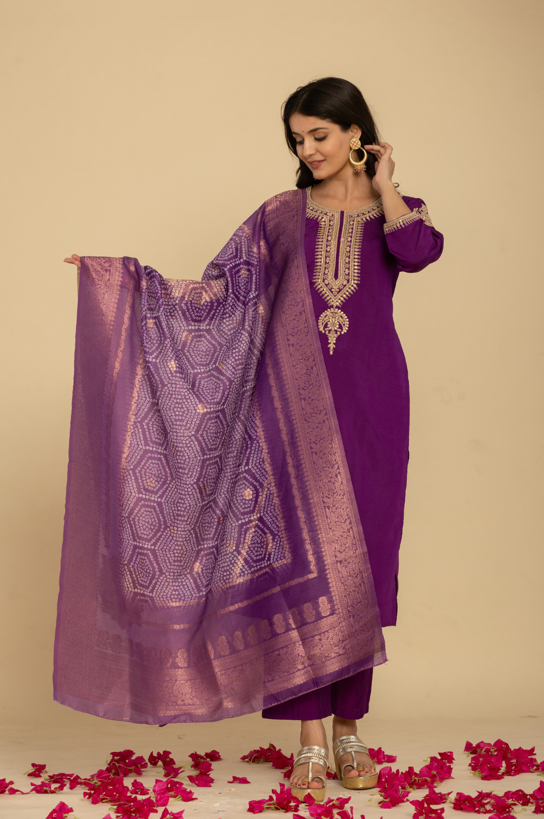 Muslin embroidered purple kurta set with bandhani dupatta