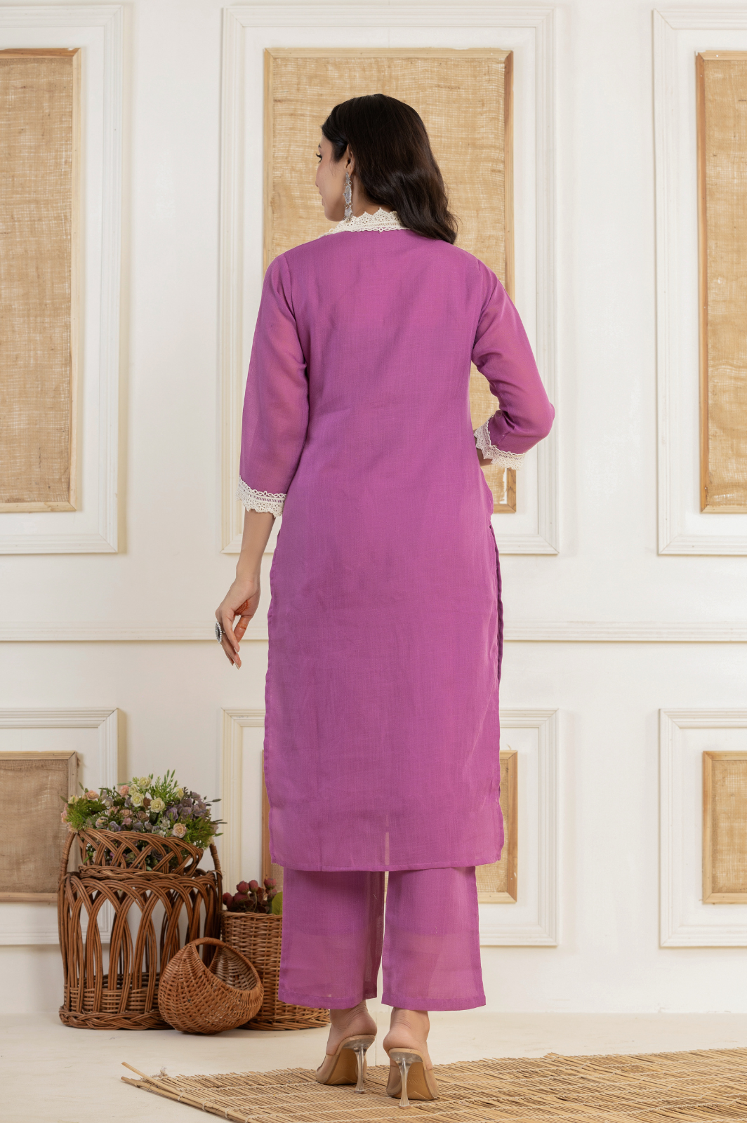 V neck solid purple kurta set