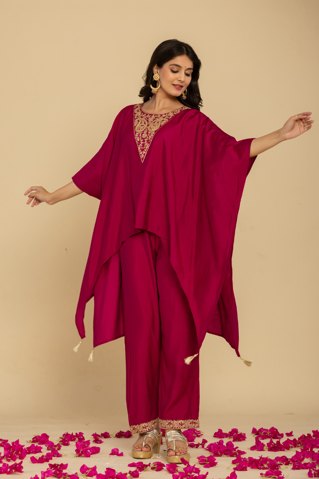 Pink asymmetric embroidered kaftan set