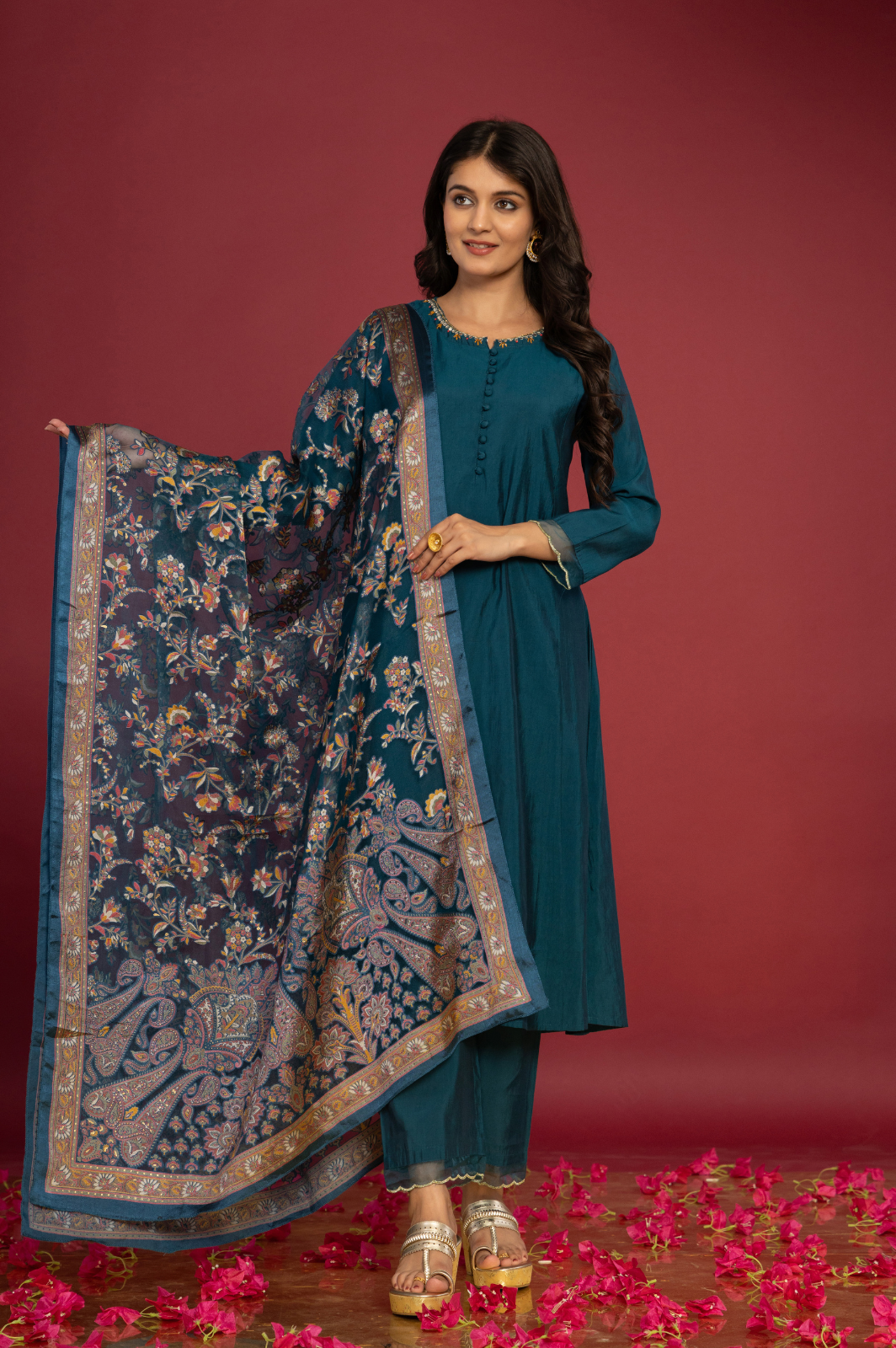 Solid navy blue A-line kurta set with brasso dupatta