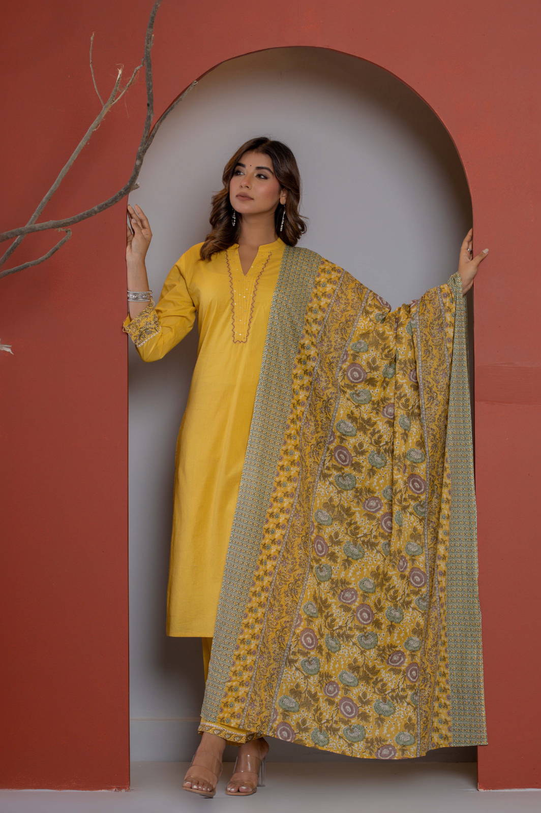 Solid mustard cotton kurta with block printed dupatta