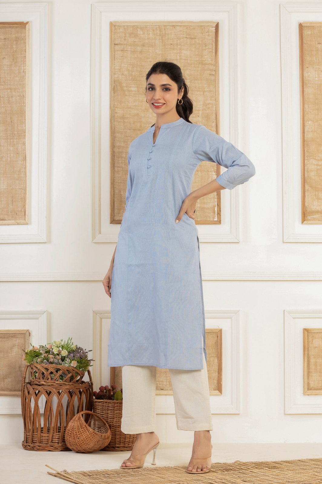 Solid blue flex kurti with potli buttons
