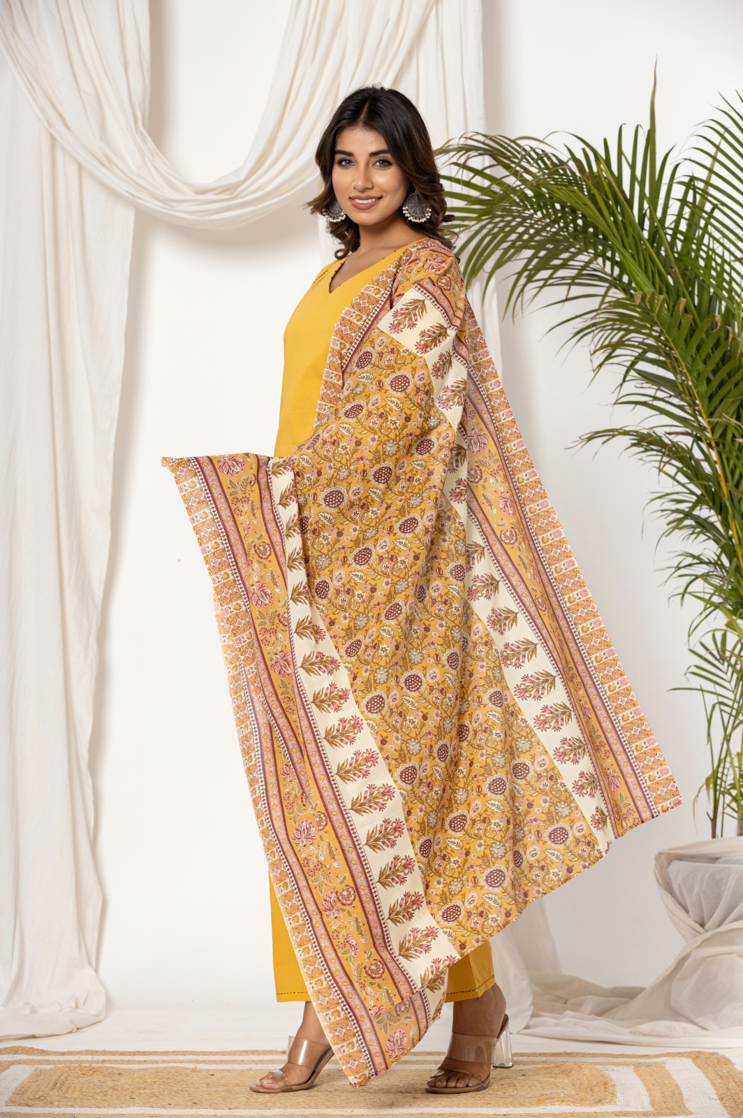 Solid mustard pleated kurta with block printed dupatta