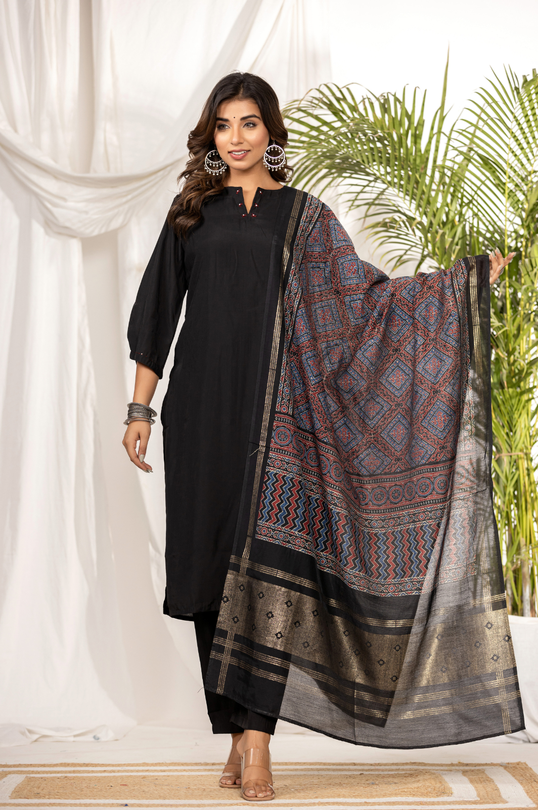 Black muslin kurta set with ajrakh dupatta