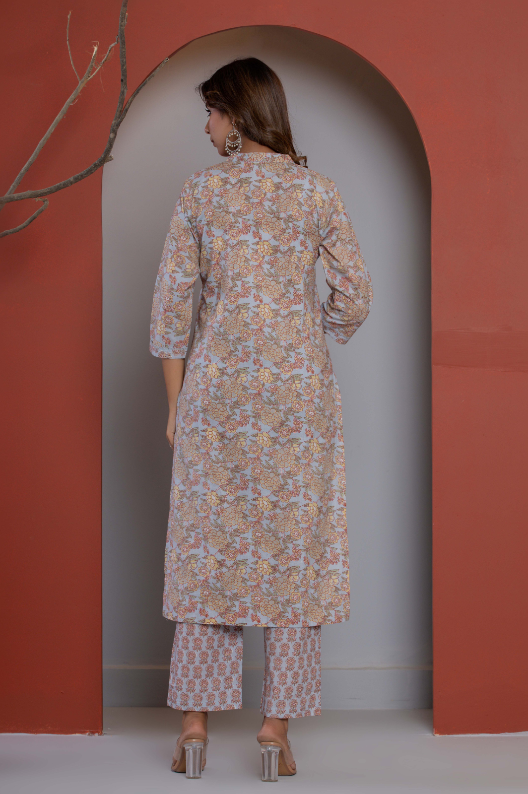 Floral yoke design cotton blue kurta set
