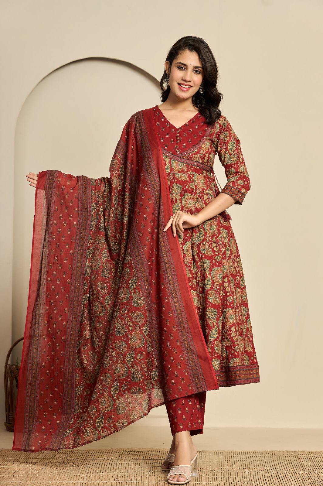 Maroon cotton printed anarkali kurta set