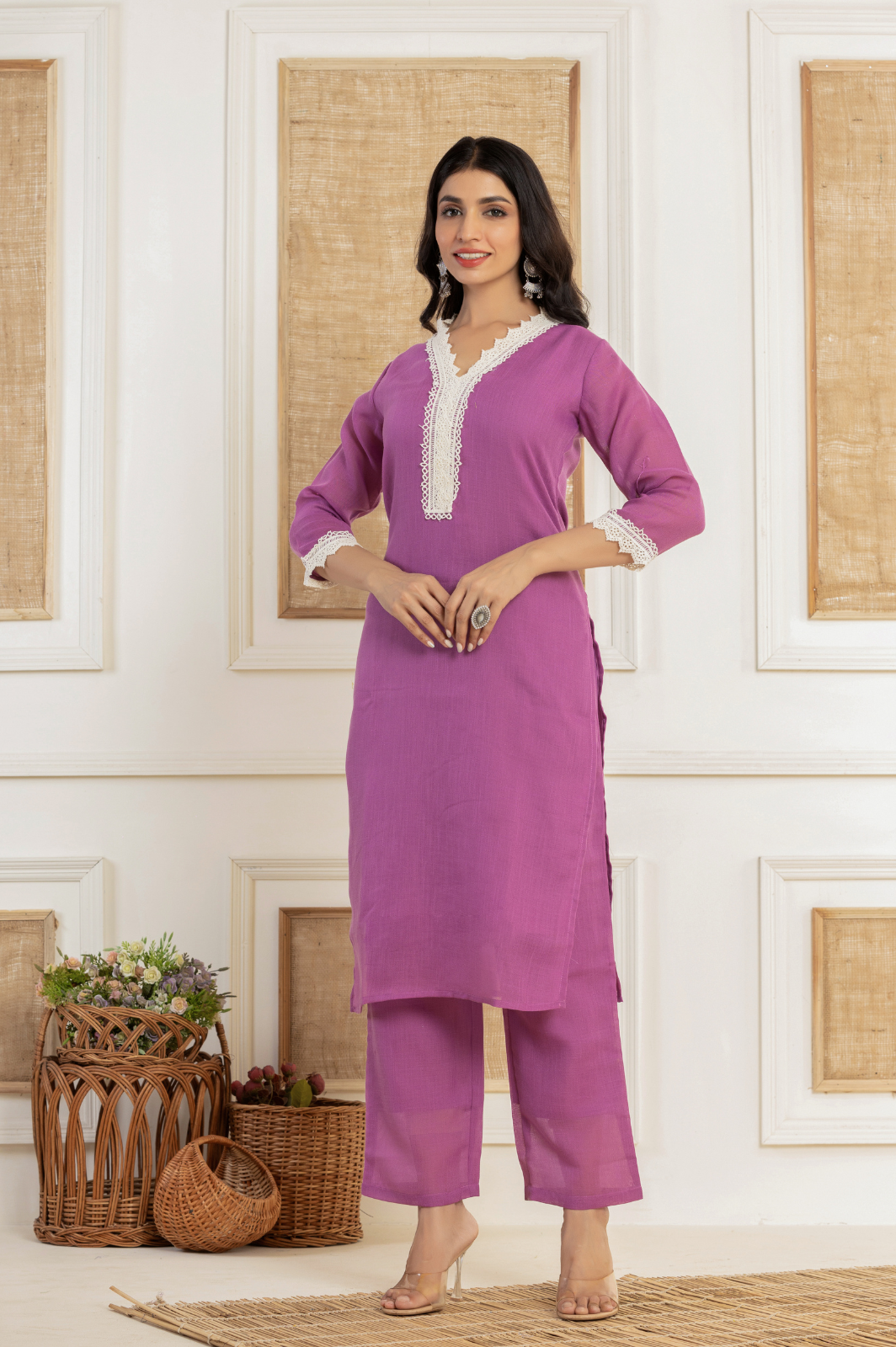 V neck solid purple kurta set