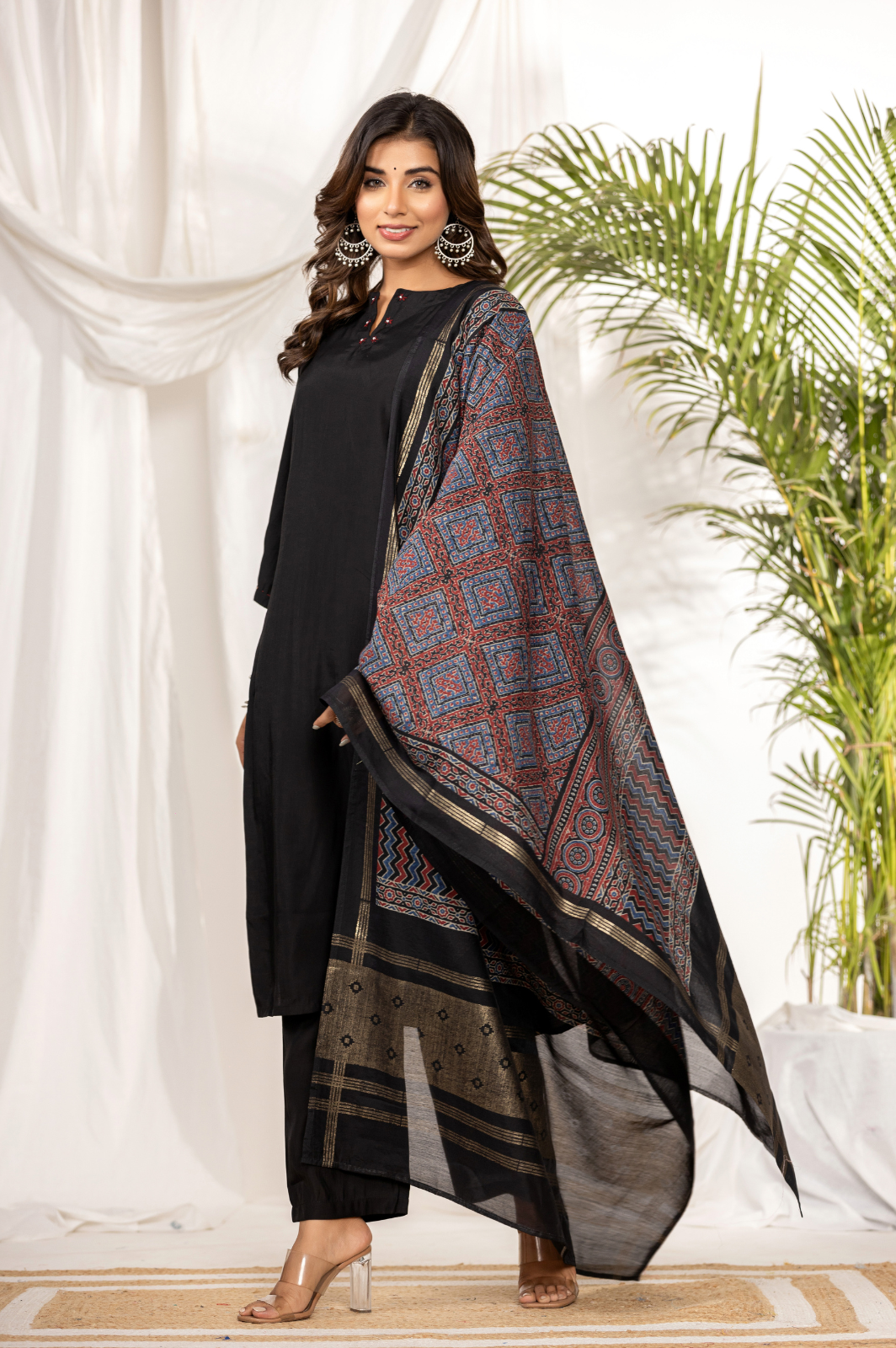Black muslin kurta set with ajrakh dupatta