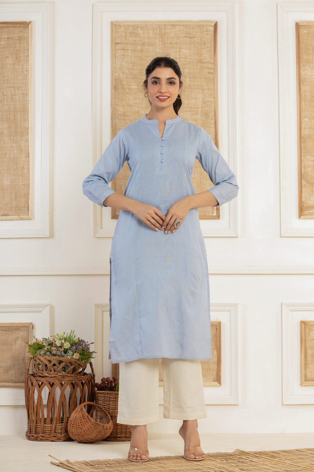 Solid blue flex kurti with potli buttons