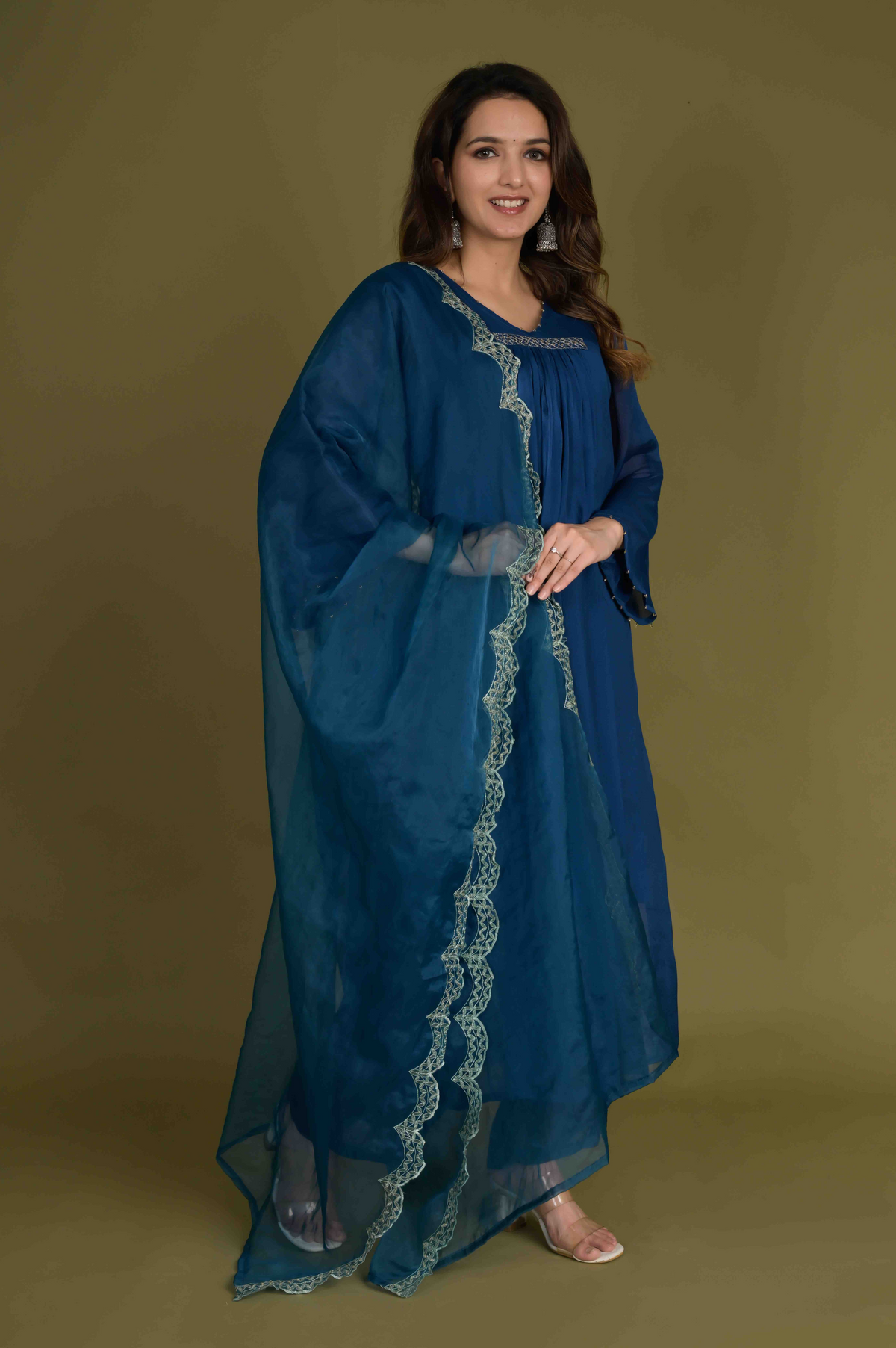 Gathered V-Neck Navy Blue Kurta Set