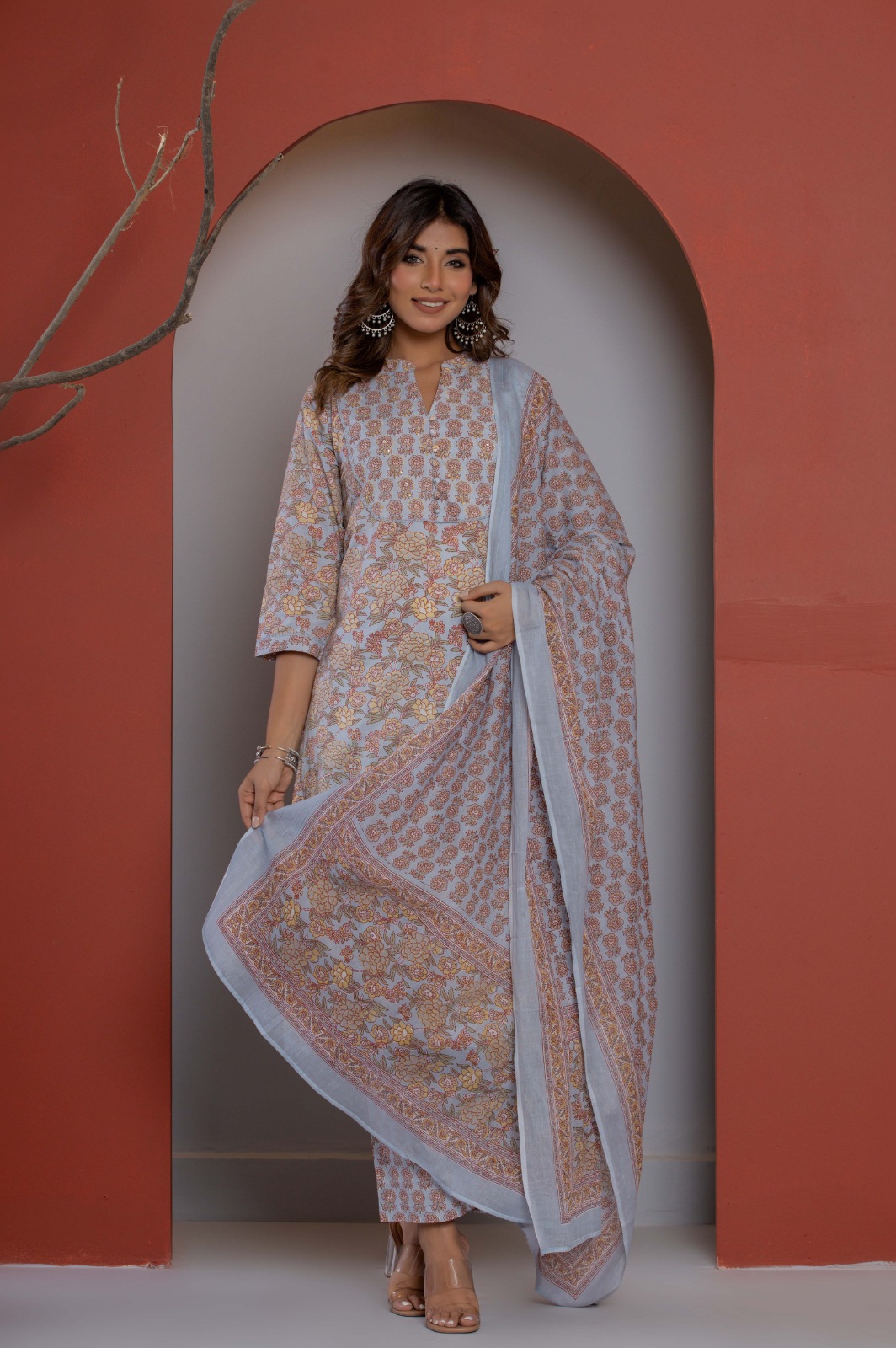 Floral yoke design cotton blue kurta set