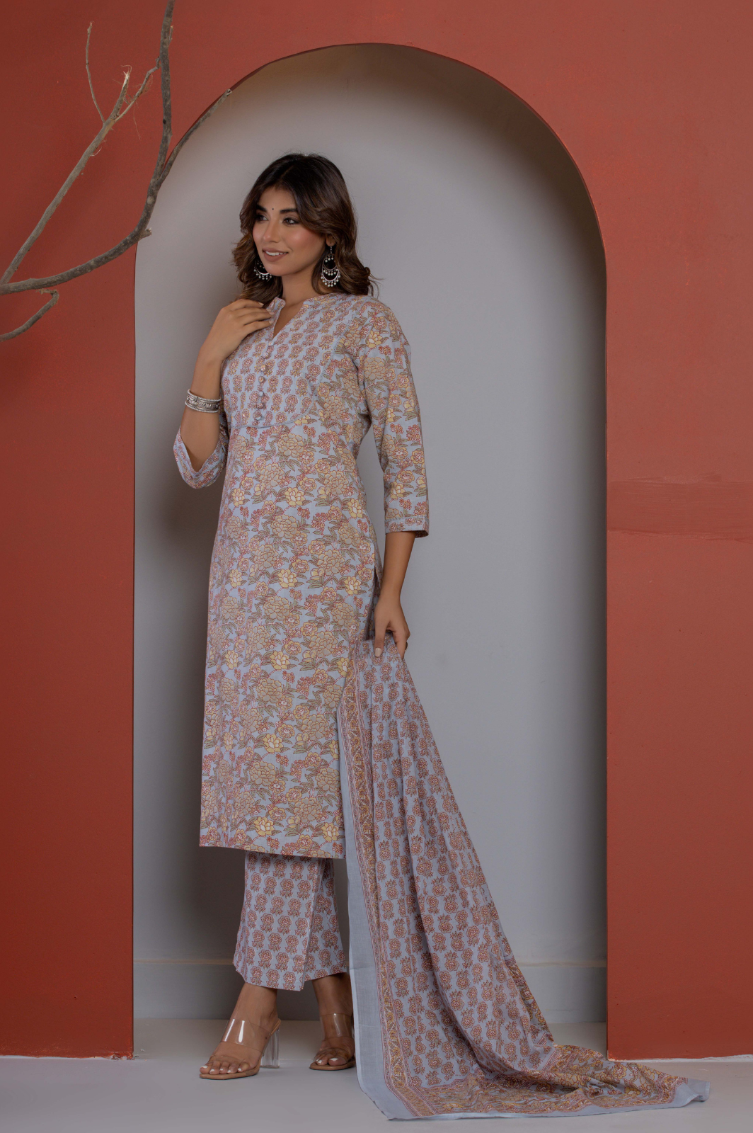 Floral yoke design cotton blue kurta set