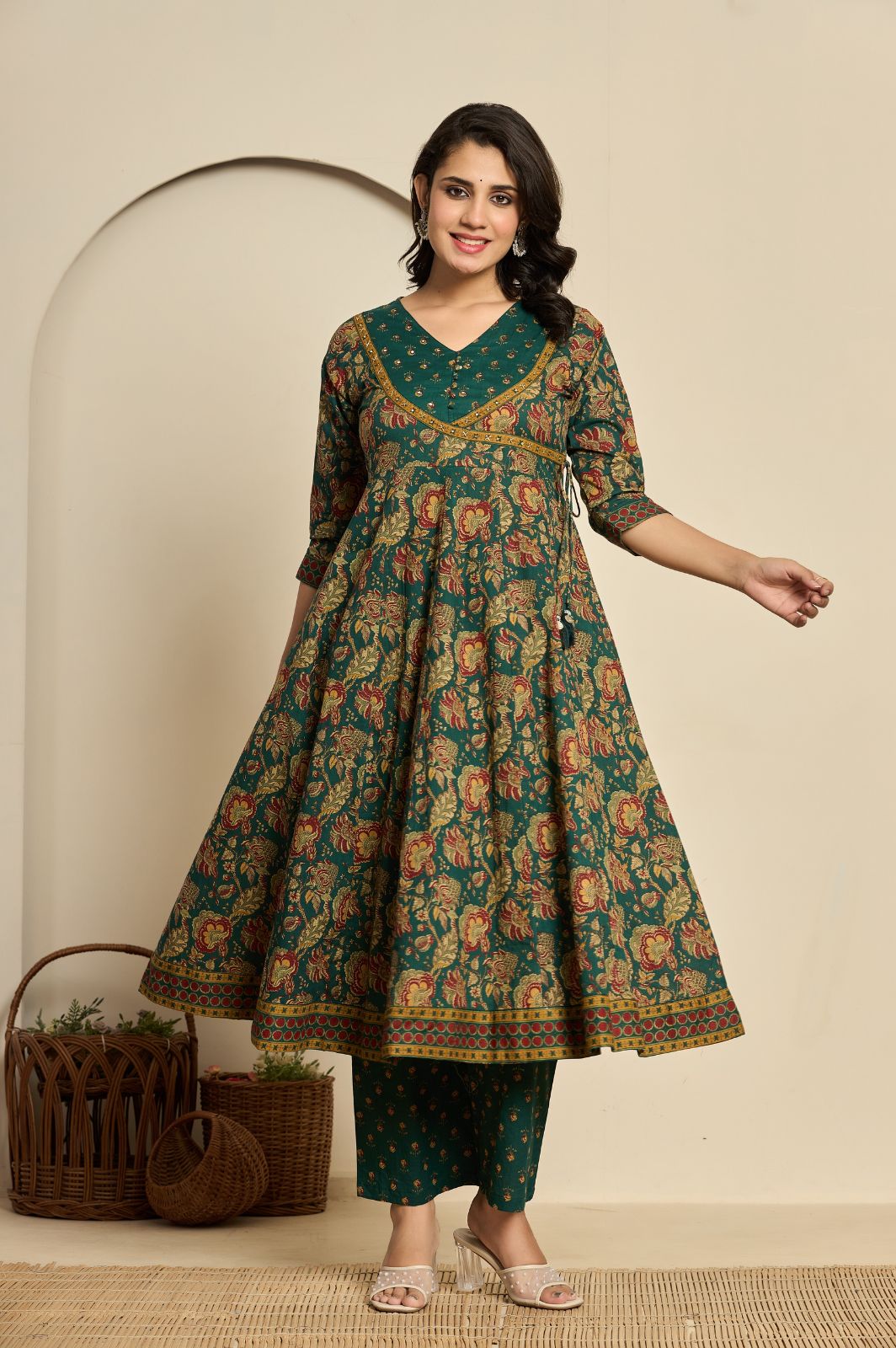 Green cotton printed anarkali kurta set