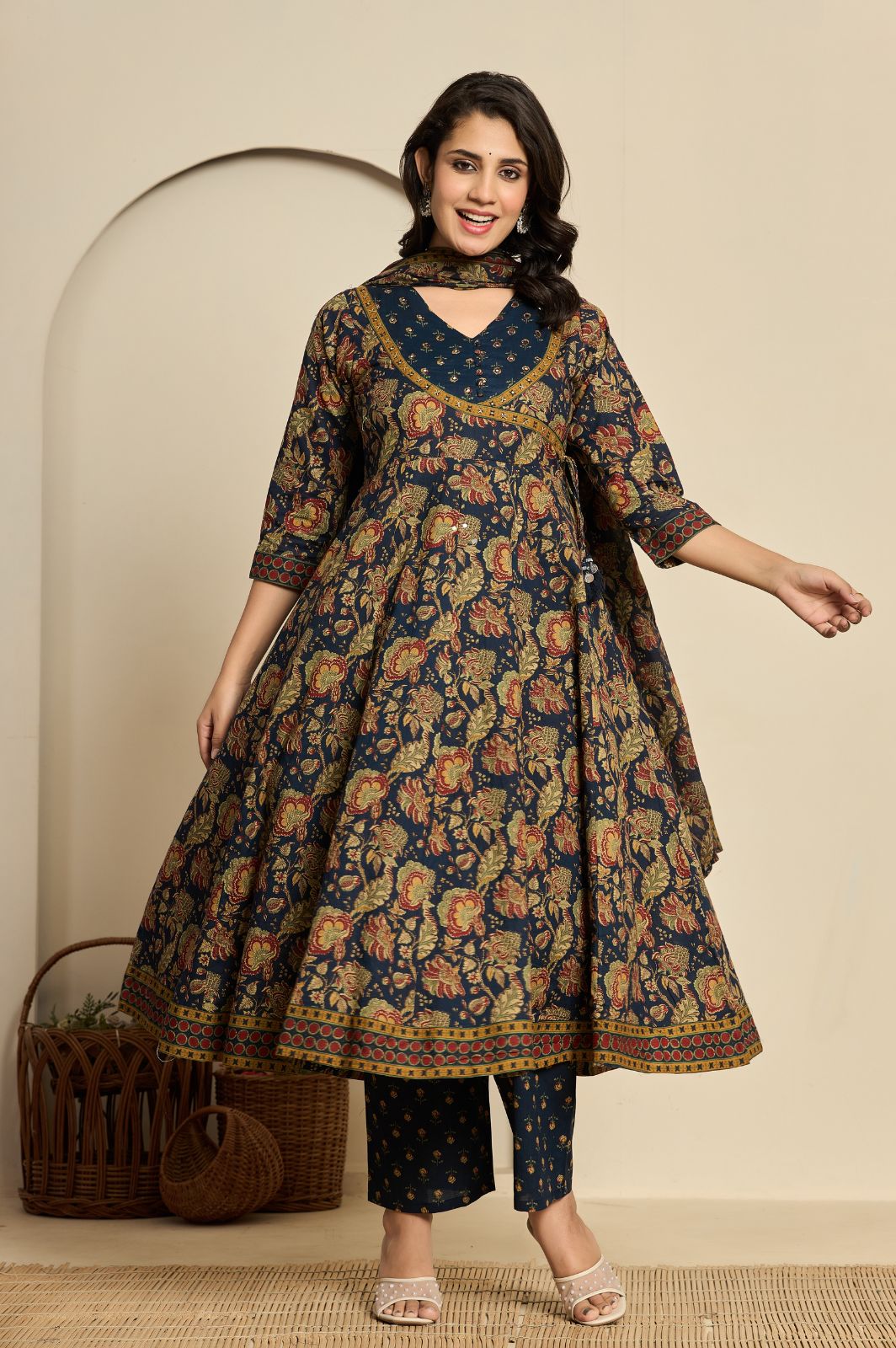 Navy blue cotton printed anarkali kurta set