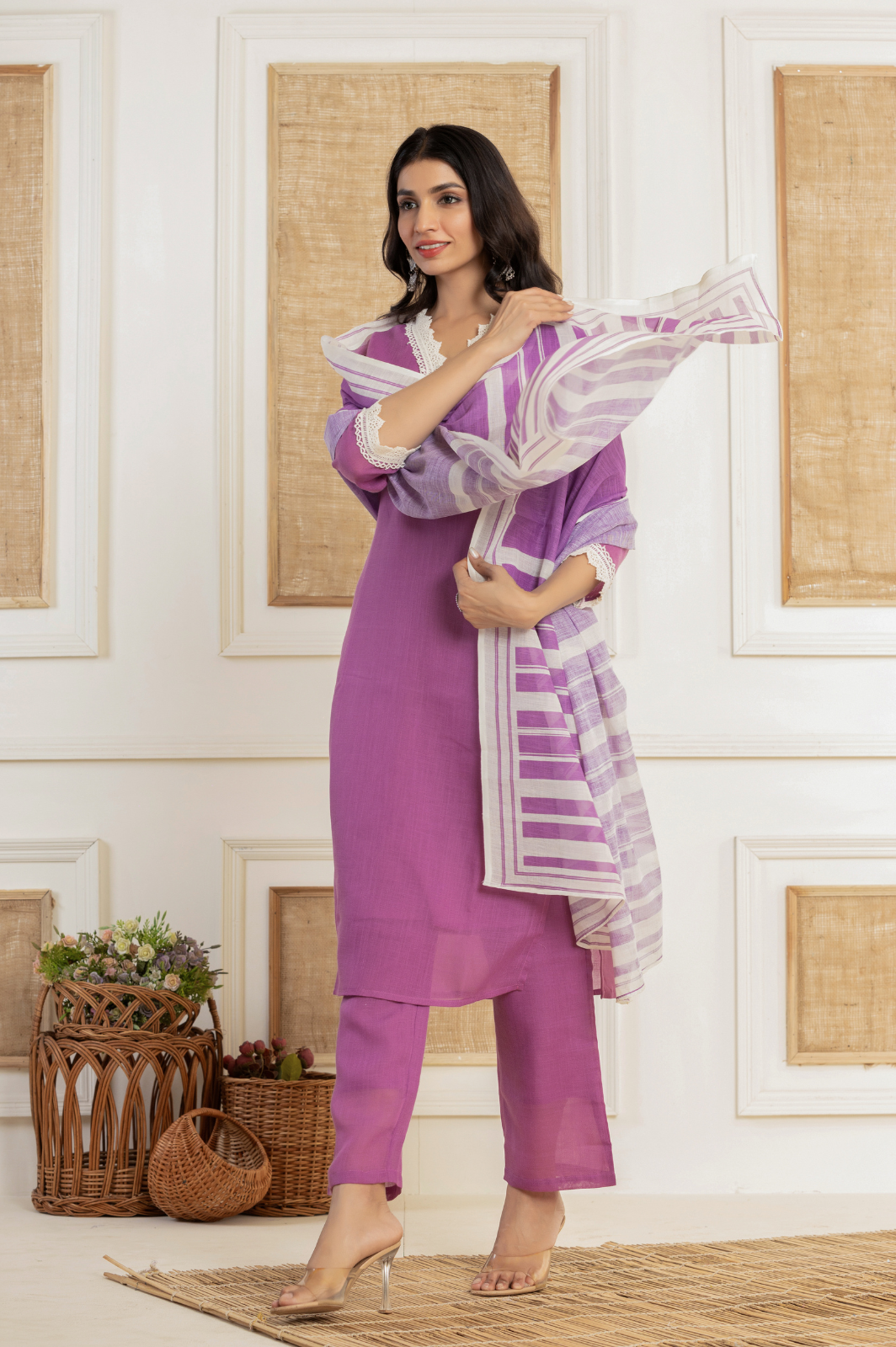 V neck solid purple kurta set