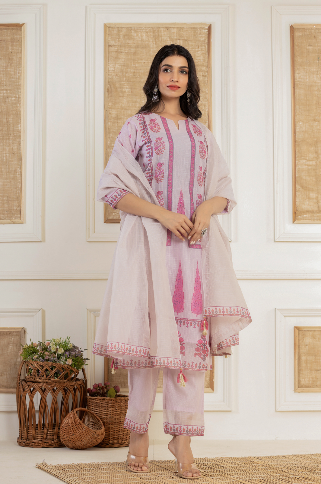 Floral printed purple kota doria kurta set