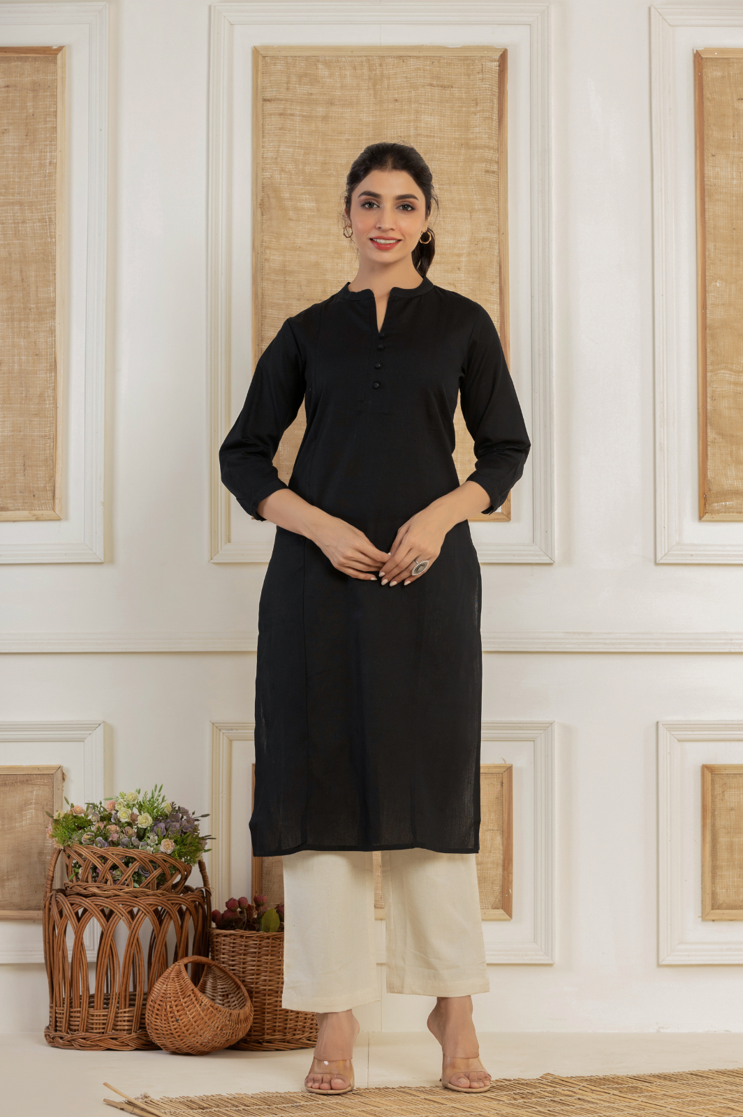 Solid black flex kurti with potli buttons