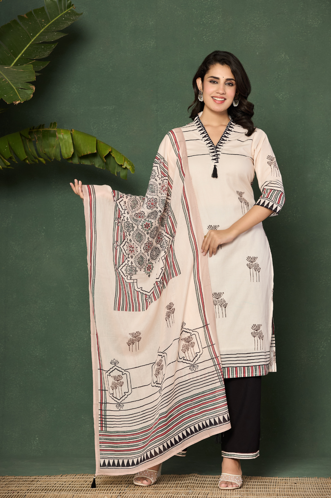 White cotton kurta set with green stripe design