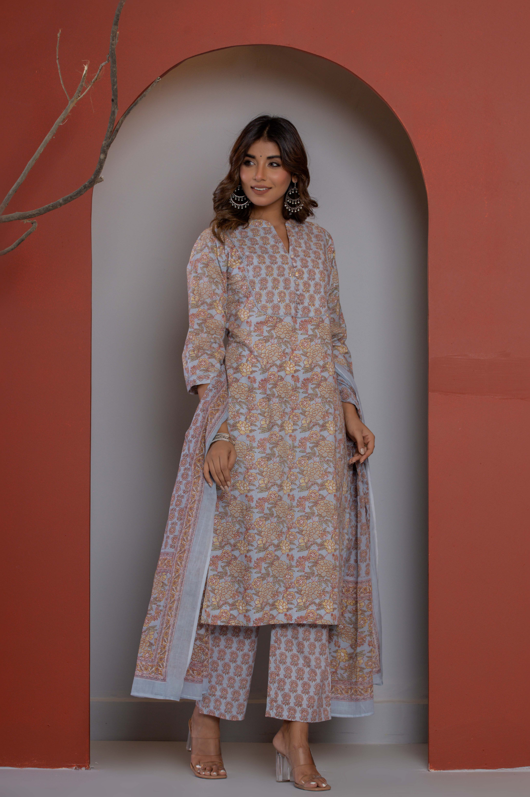 Floral yoke design cotton blue kurta set