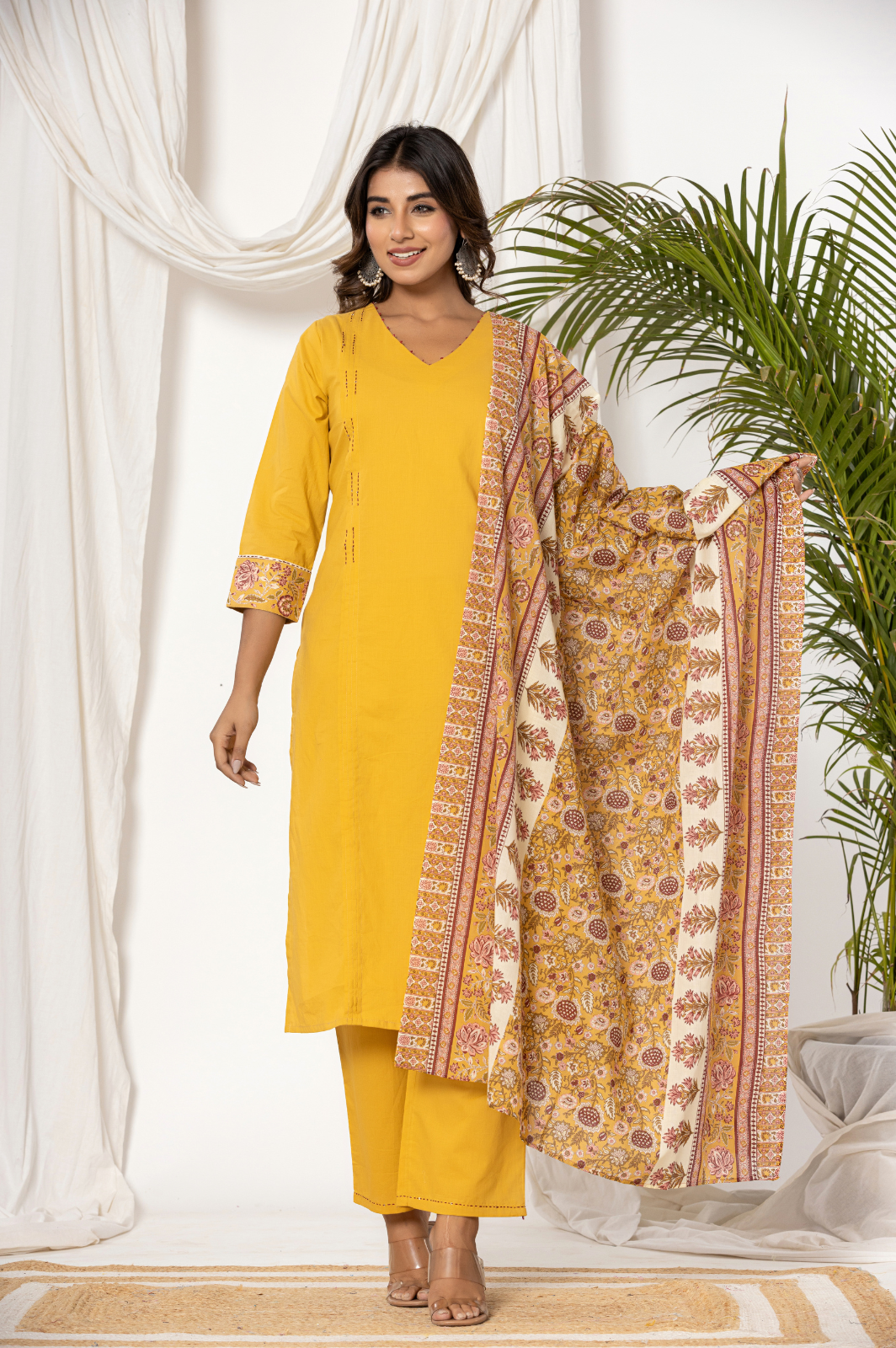 Solid mustard pleated kurta with block printed dupatta