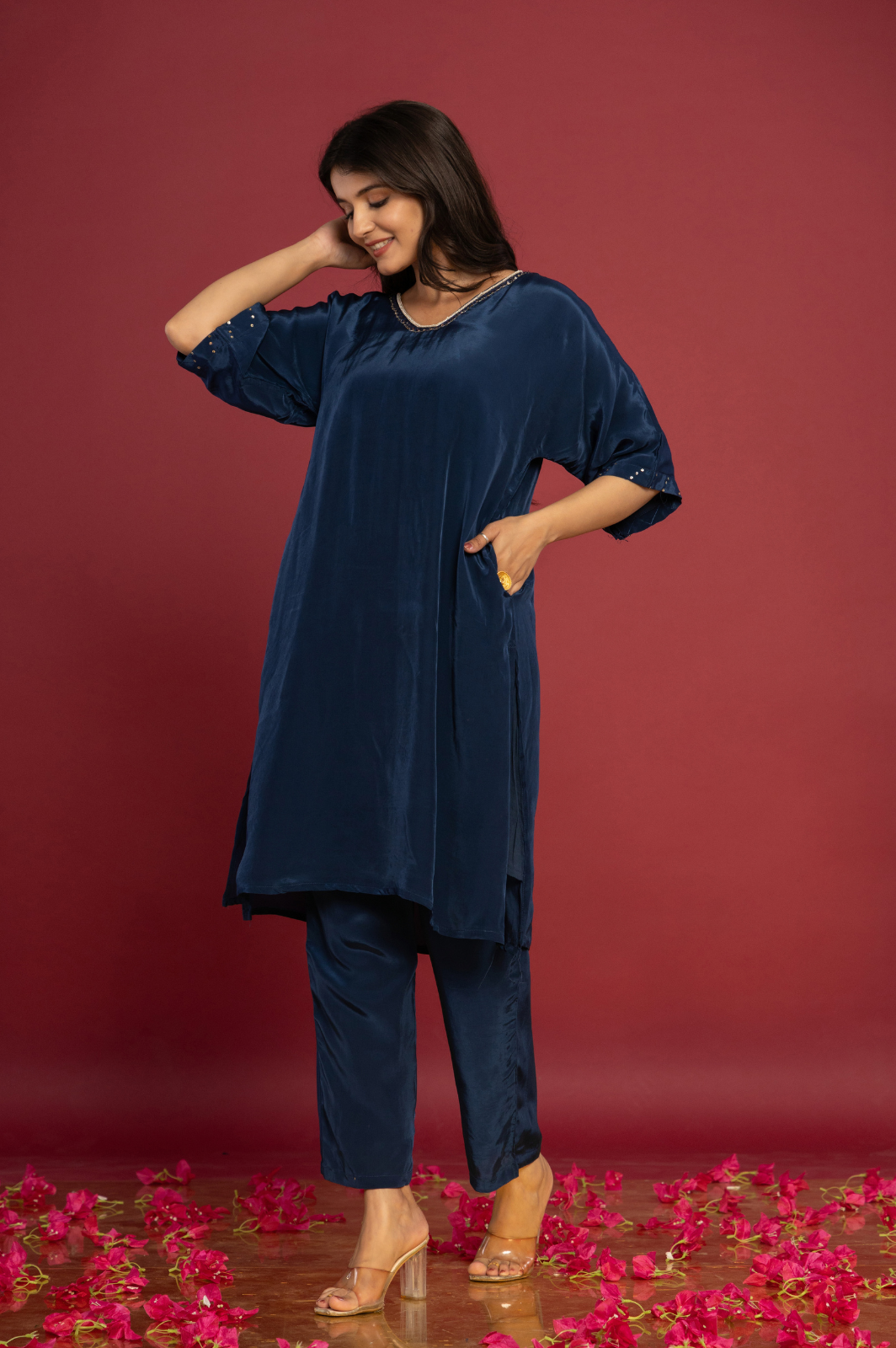 Solid navy blue crepe Kaftan set