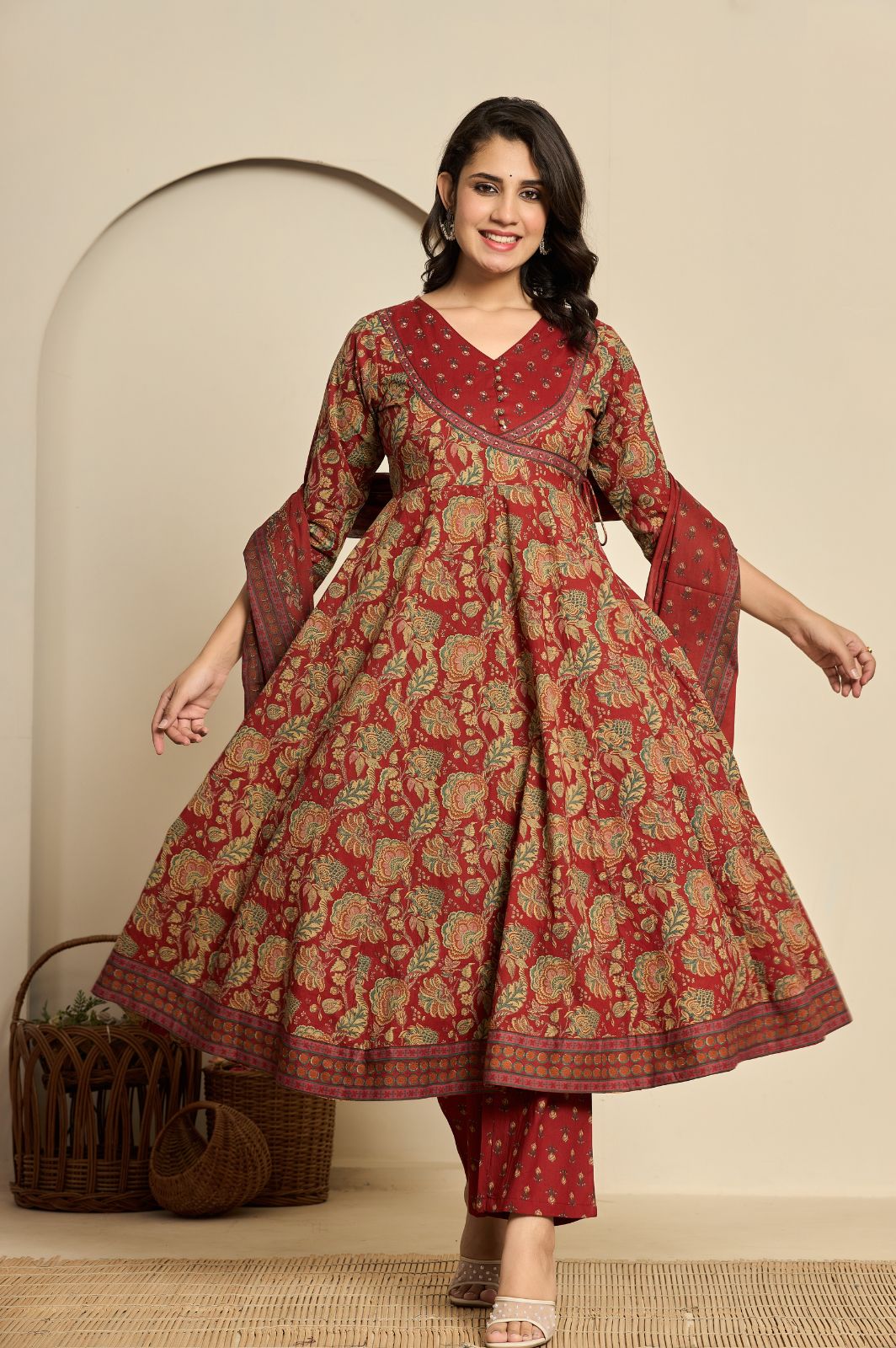 Maroon cotton printed anarkali kurta set