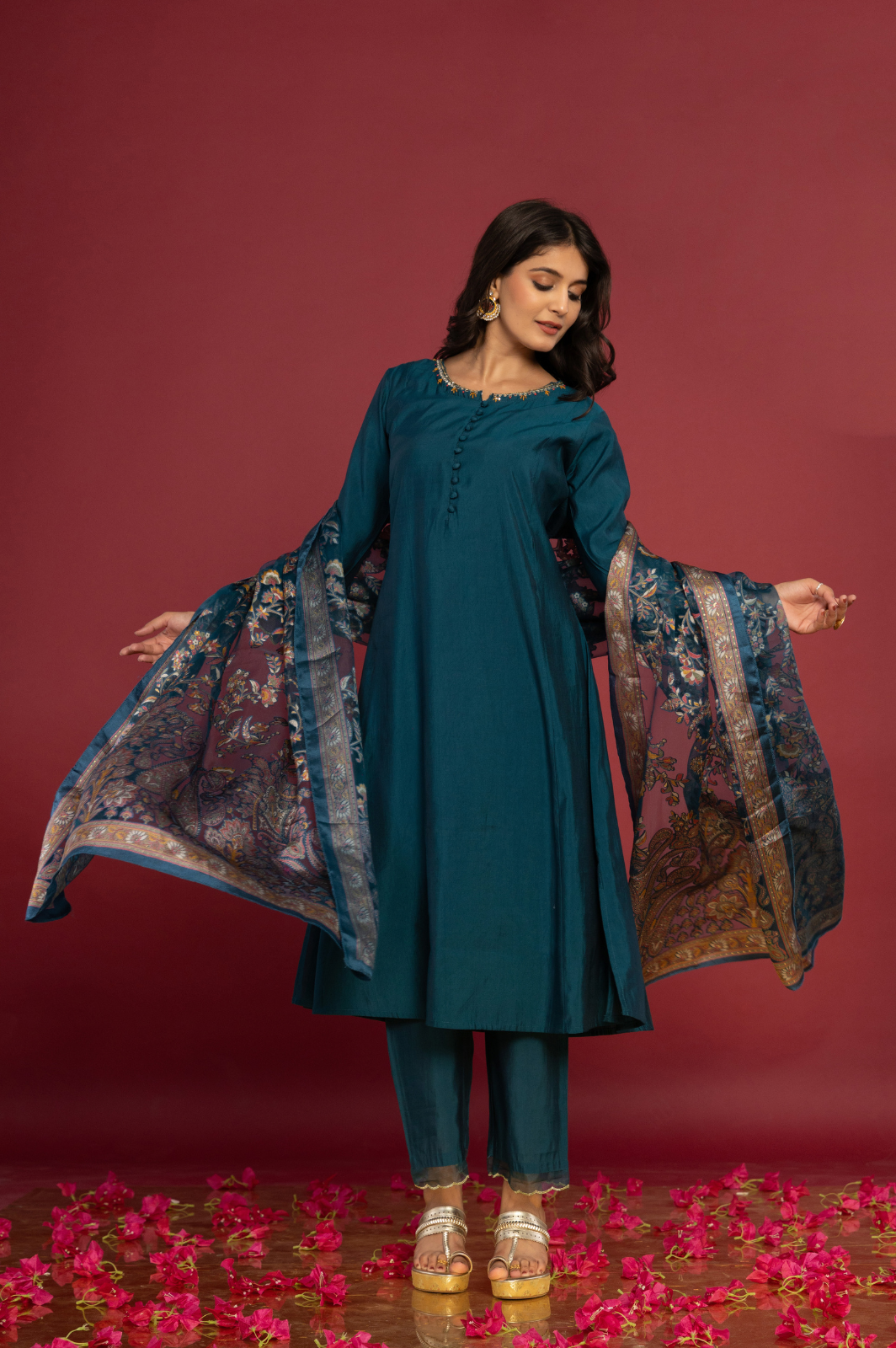 Solid navy blue A-line kurta set with brasso dupatta