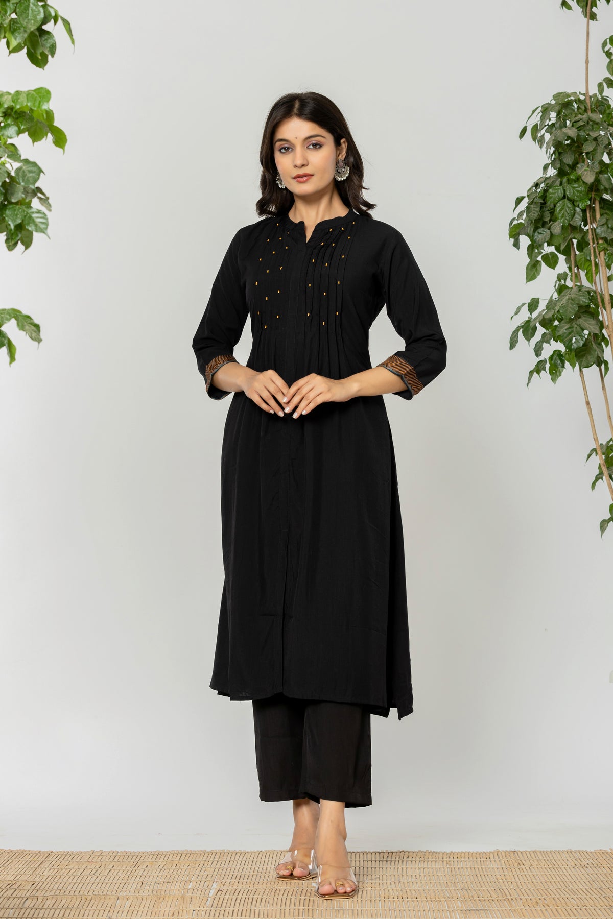 Viscose Black pleated kurta set with ajrakh dupatta