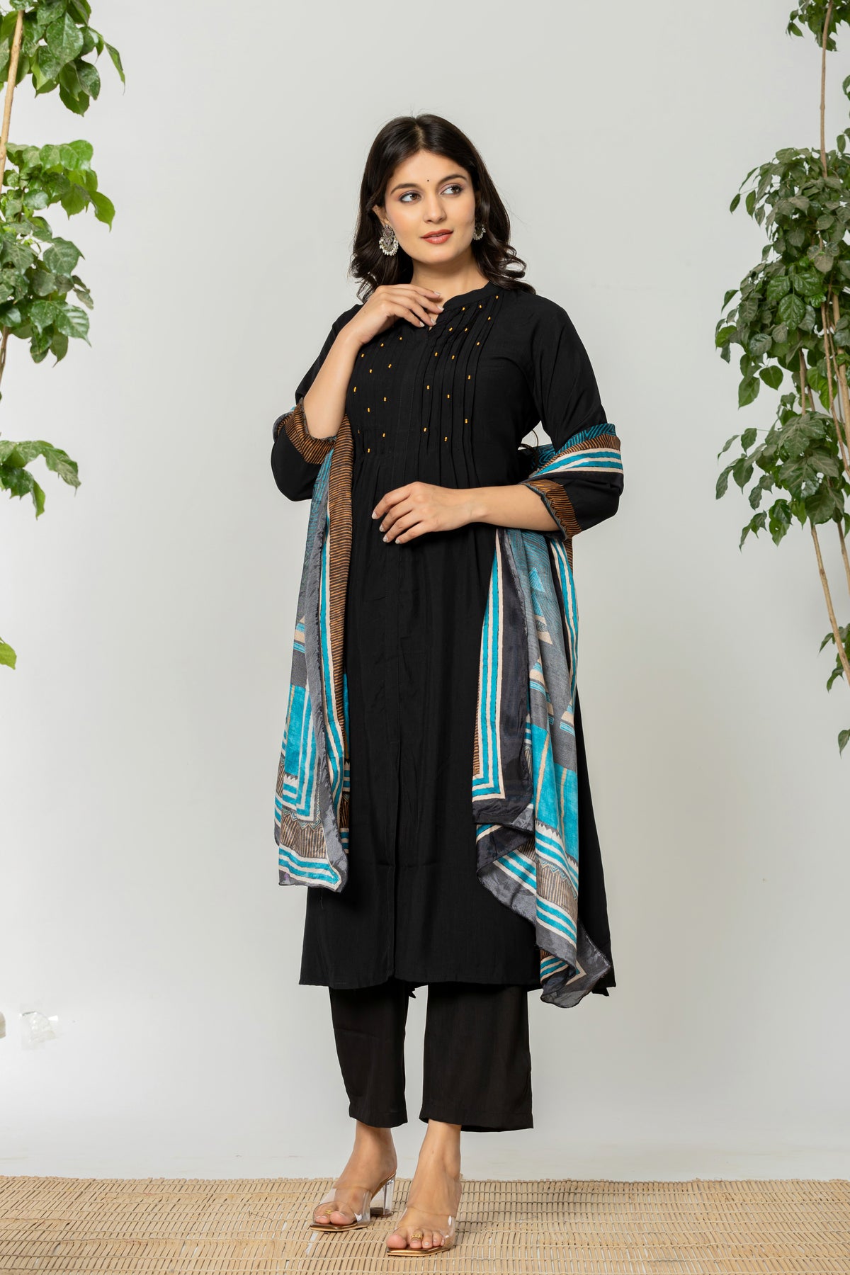 Viscose Black pleated kurta set with ajrakh dupatta