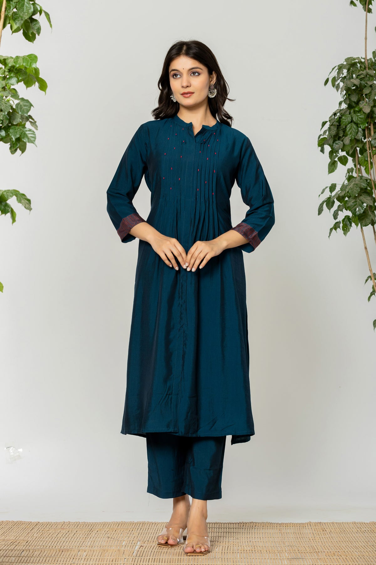 Viscose navy blue pleated kurta set with ajrakh dupatta