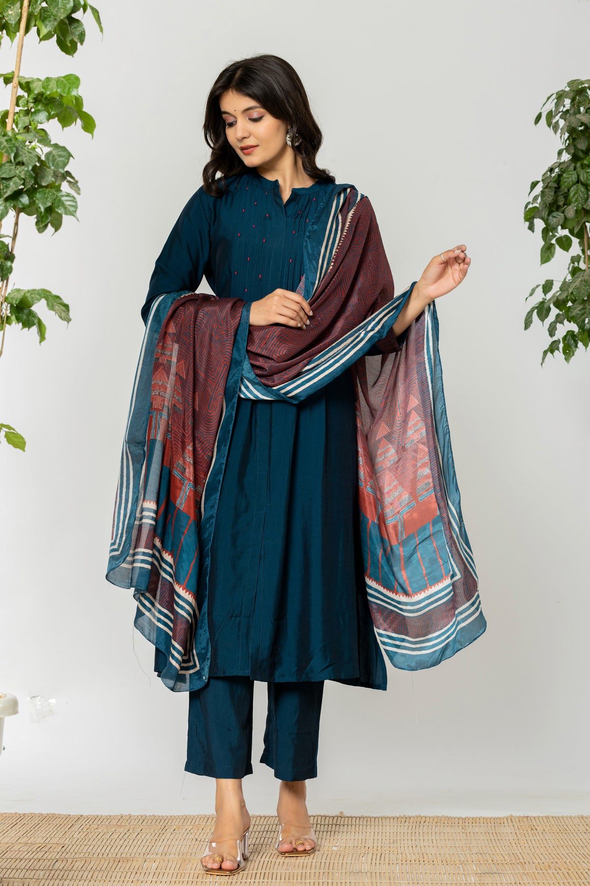 Viscose navy blue pleated kurta set with ajrakh dupatta
