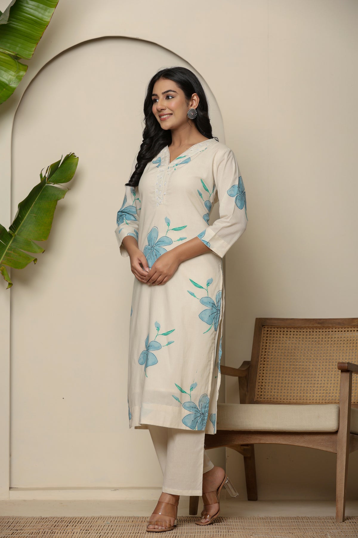 Blue cotton floral print kurta set