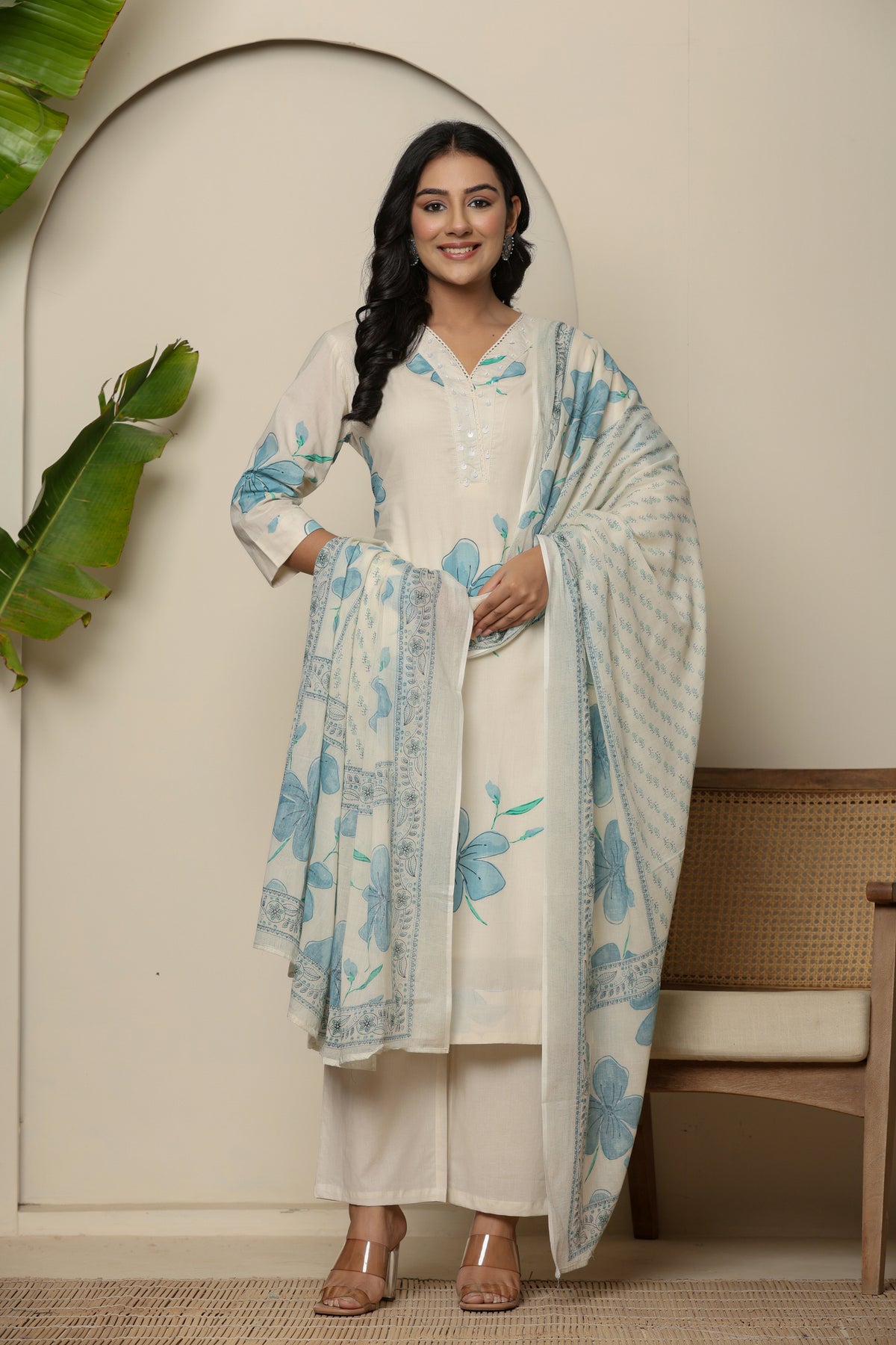 Blue cotton floral print kurta set