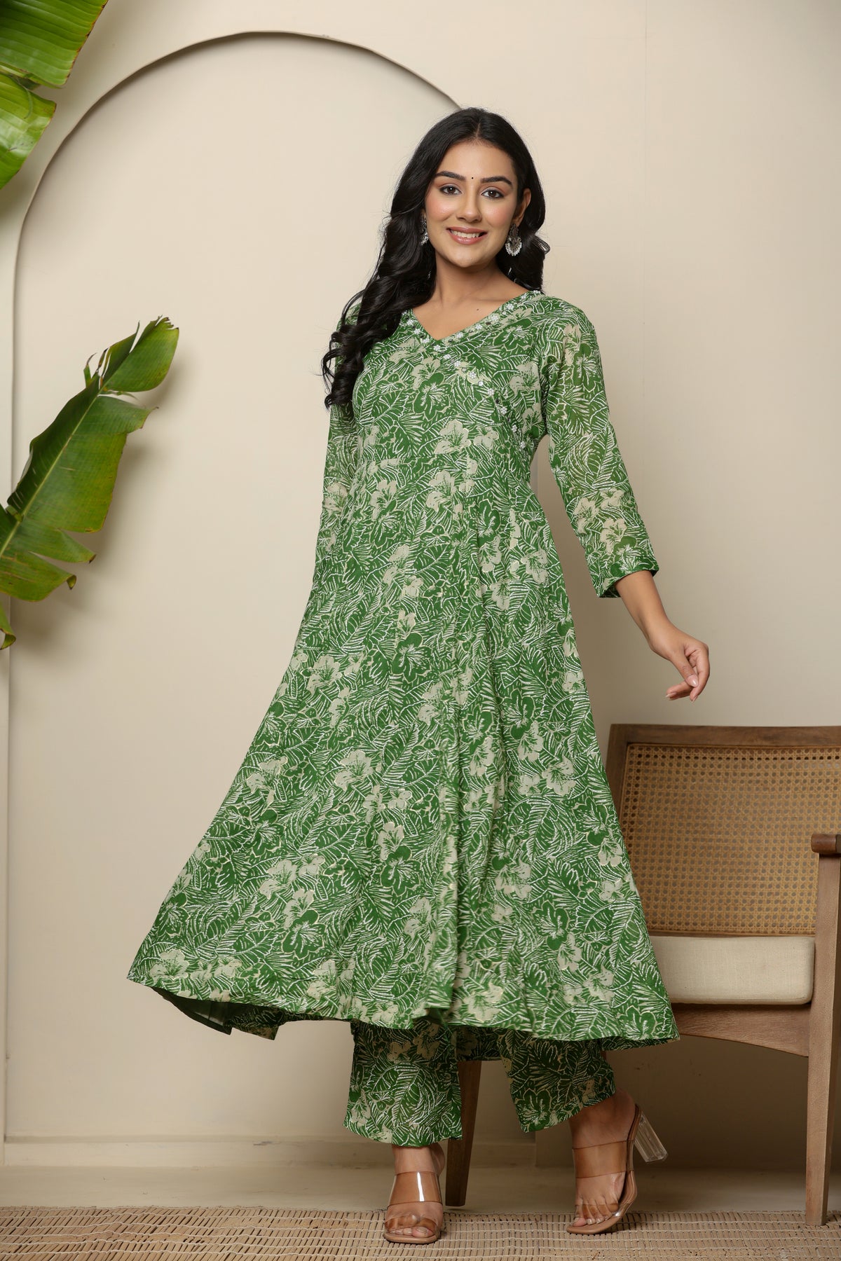 Green floral printed angrakha cotton kurta set