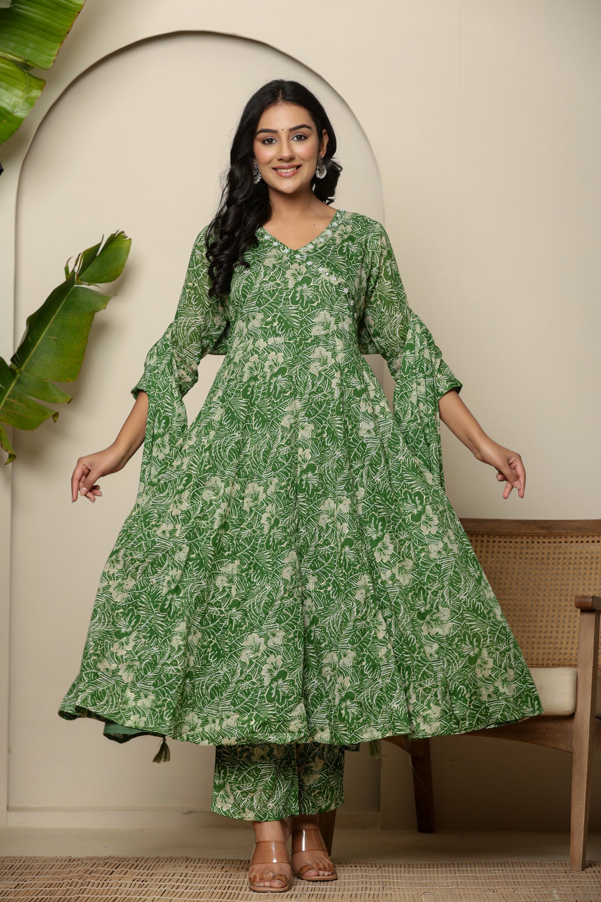 Green floral printed angrakha cotton kurta set