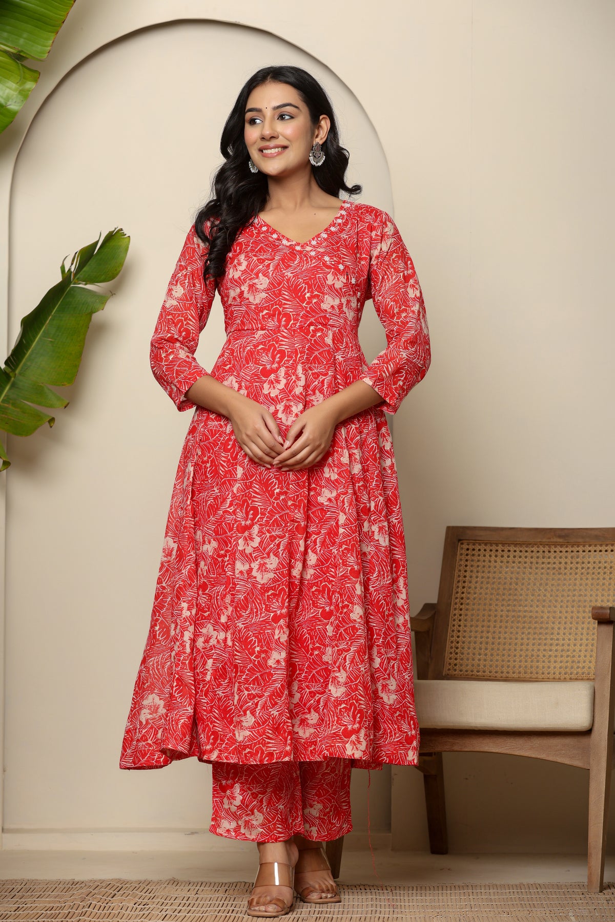 Red floral printed angrakha cotton kurta set