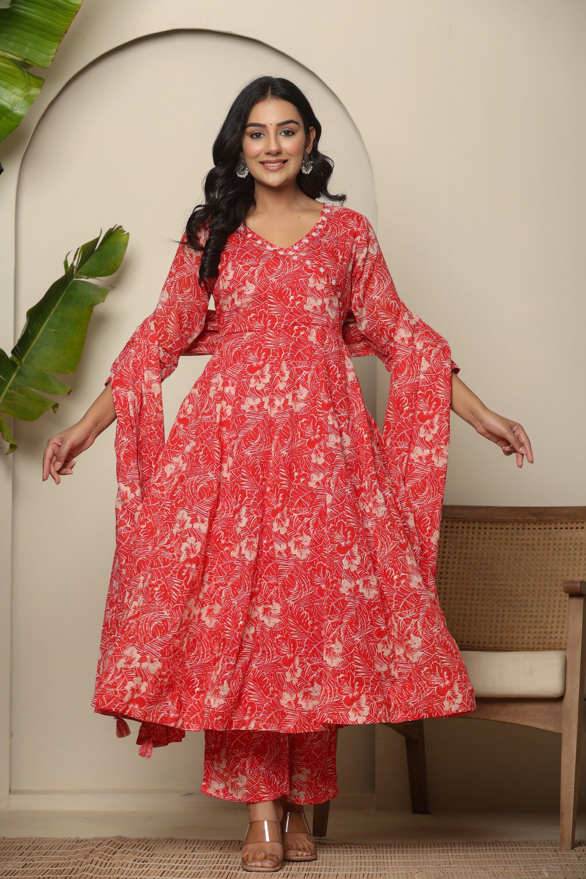 Red floral printed angrakha cotton kurta set