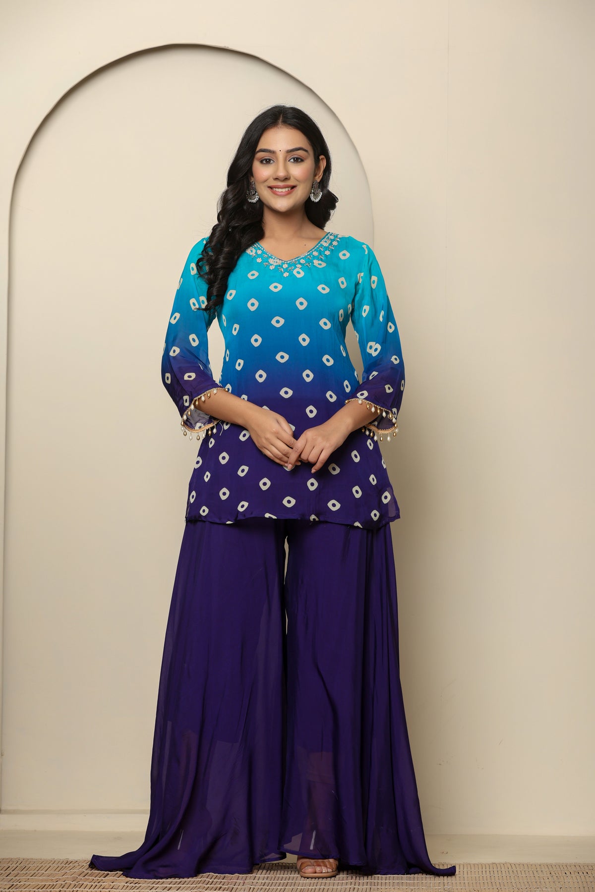 Blue bandhani printed short kurta with palazzo and dupatta
