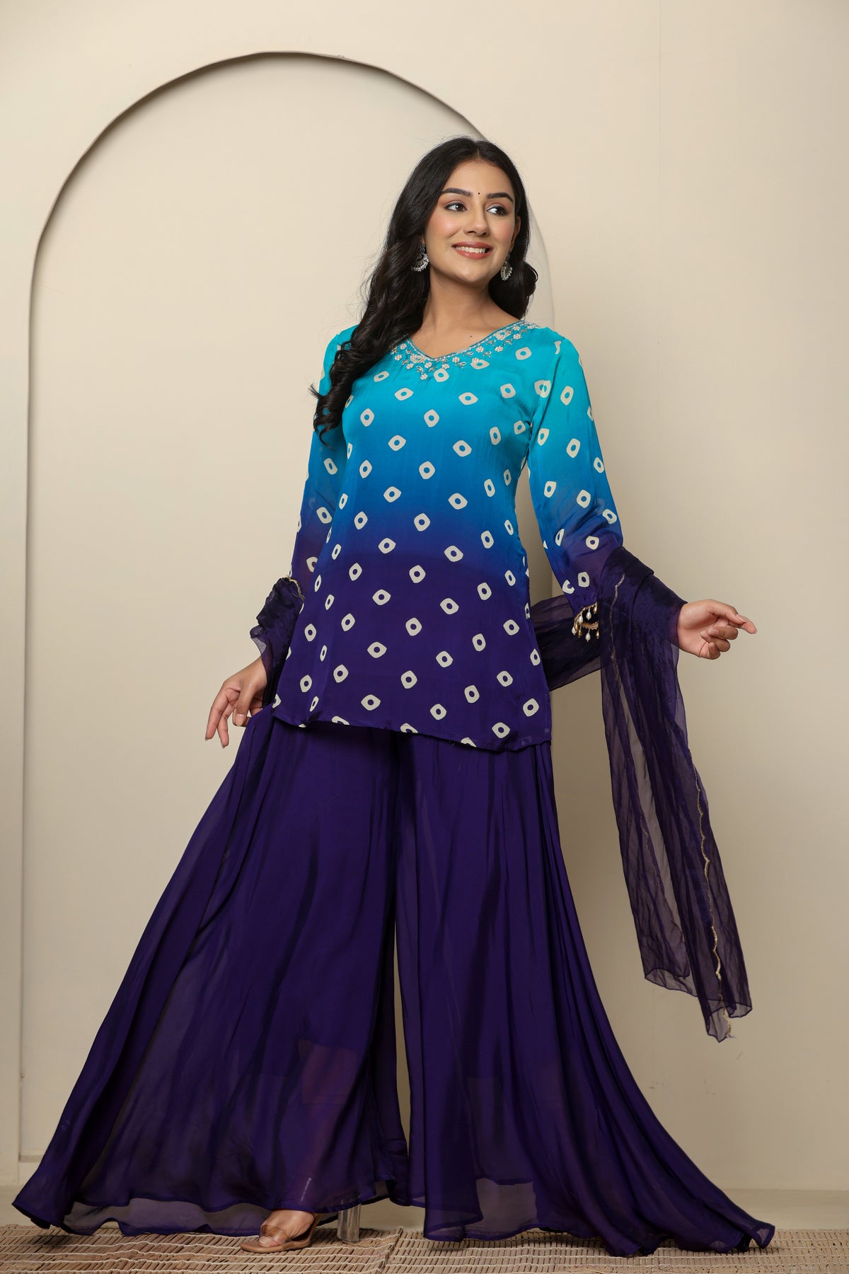 Blue bandhani printed short kurta with palazzo and dupatta