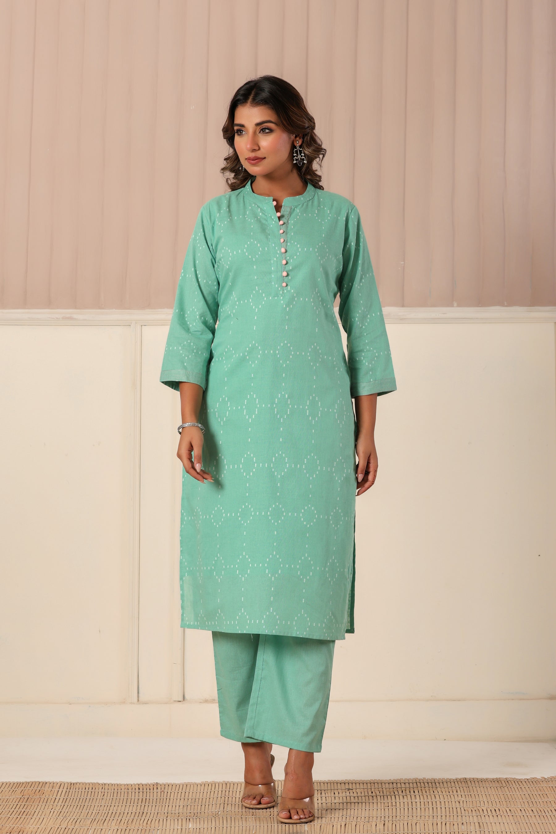 Self textured green cotton kurta set