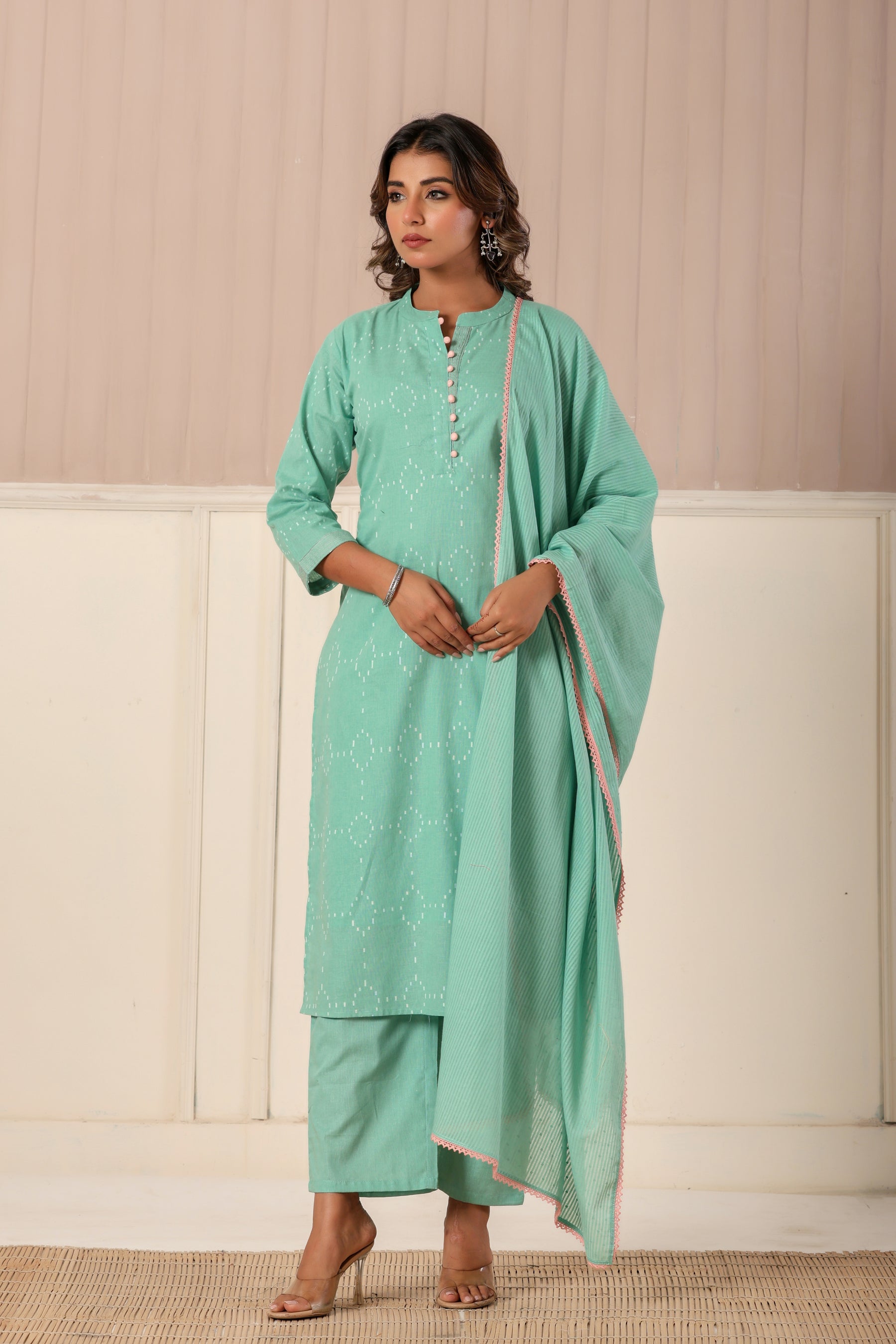 Self textured green cotton kurta set