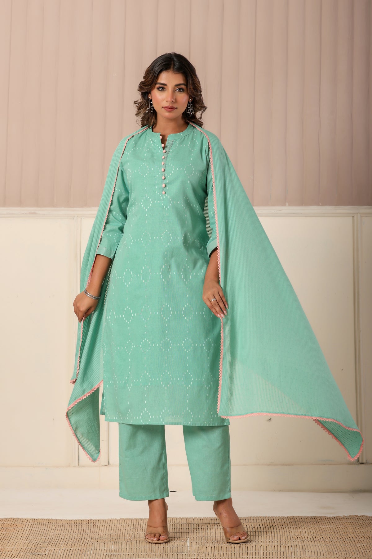 Self textured green cotton kurta set