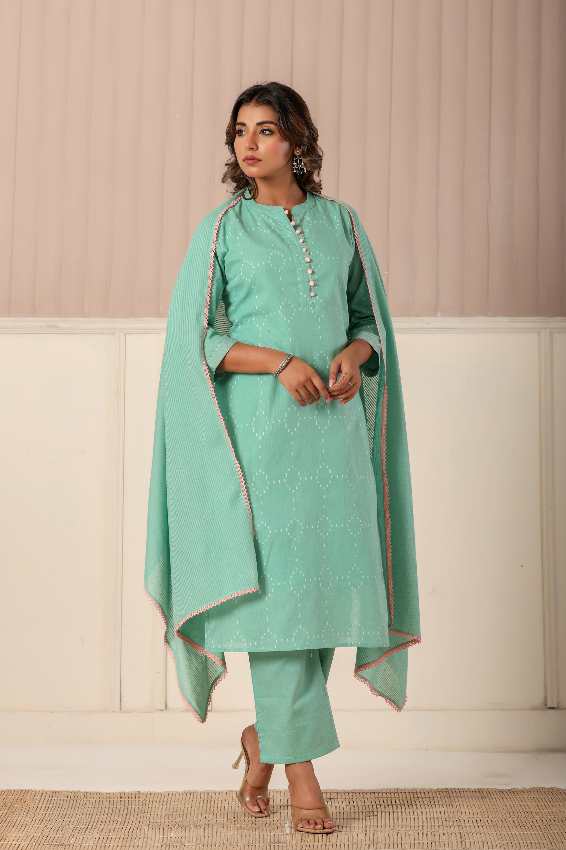 Self textured green cotton kurta set