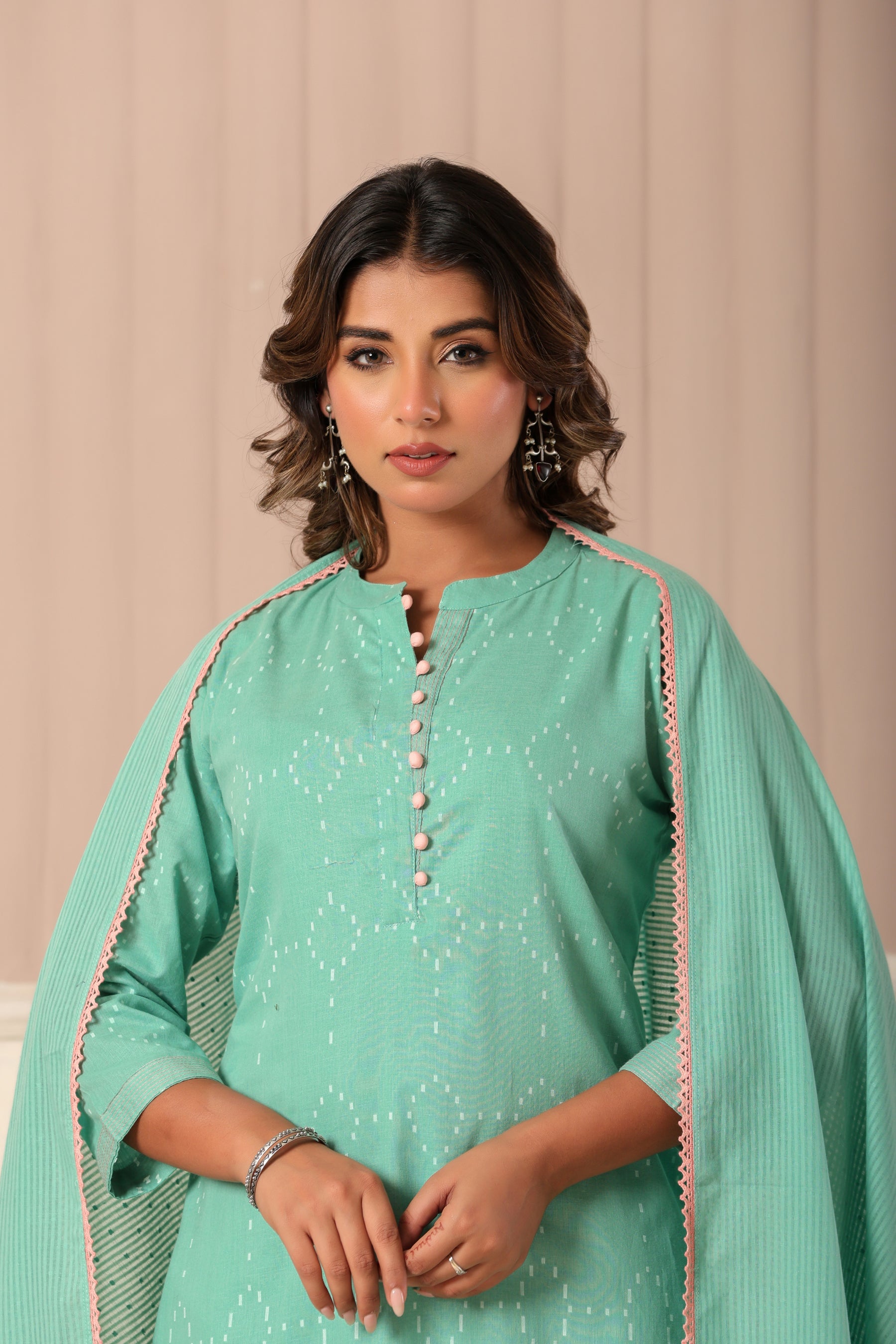 Self textured green cotton kurta set