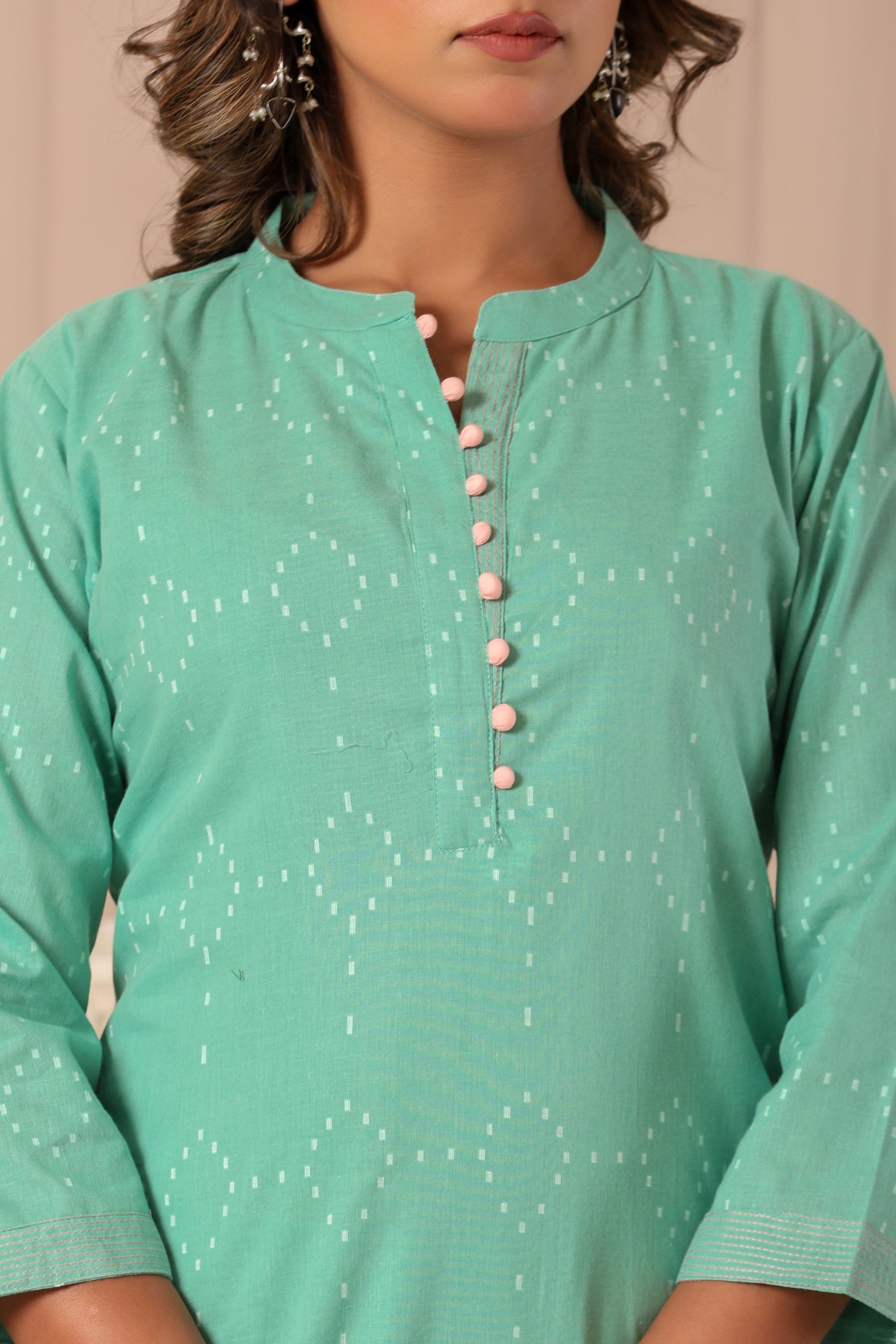 Self textured green cotton kurta set