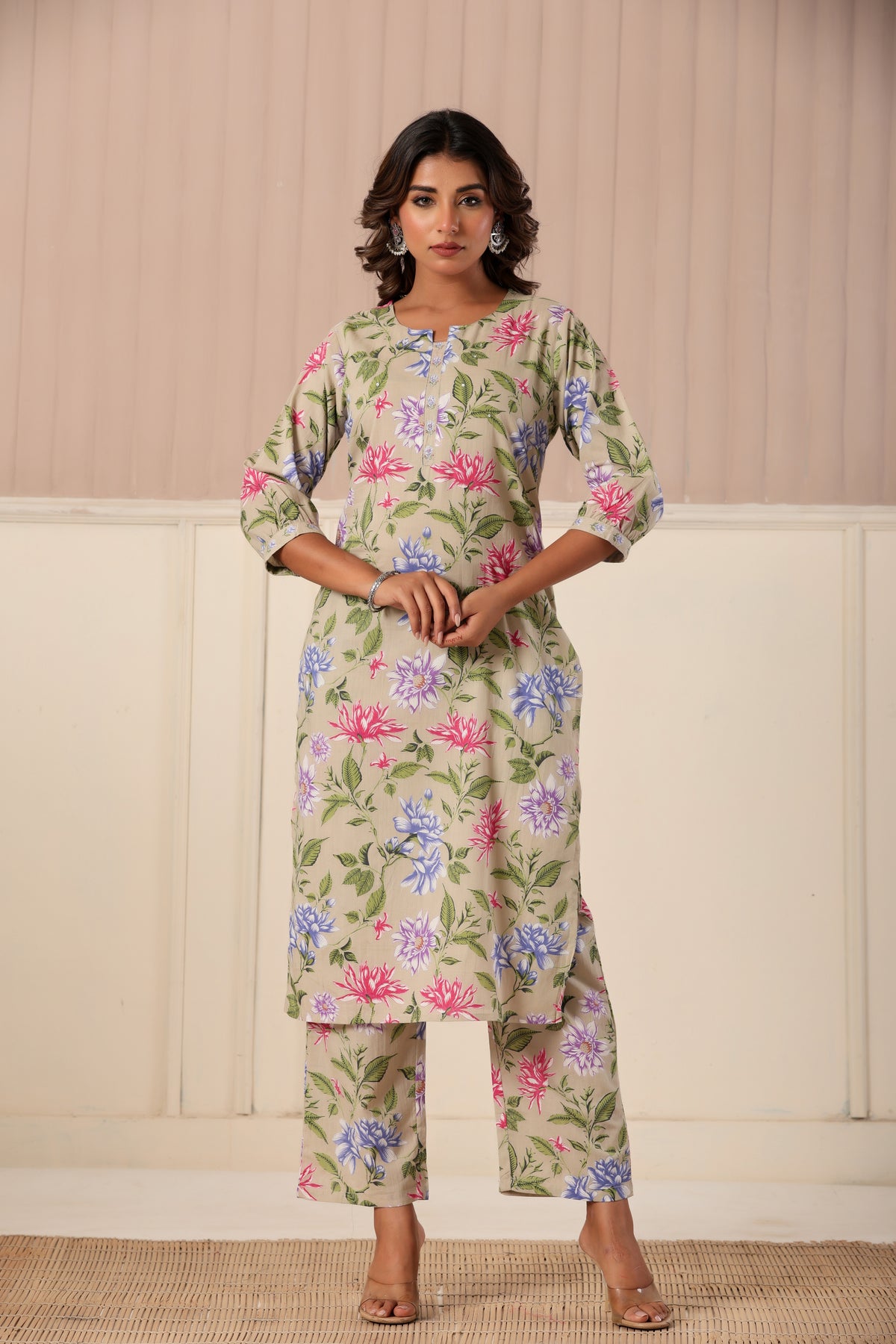 Beige floral printed cotton kurta set